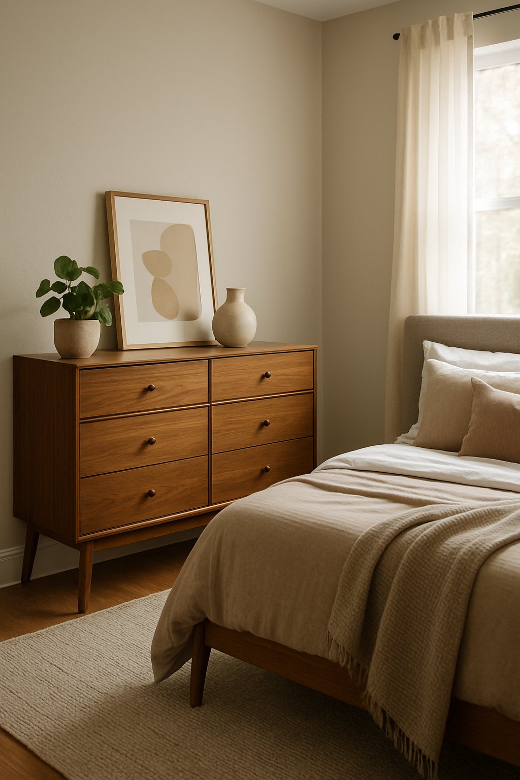 A neatly arranged bedroom with a wooden dresser, bed with neutral bedding, a rug, and natural light coming through a window.