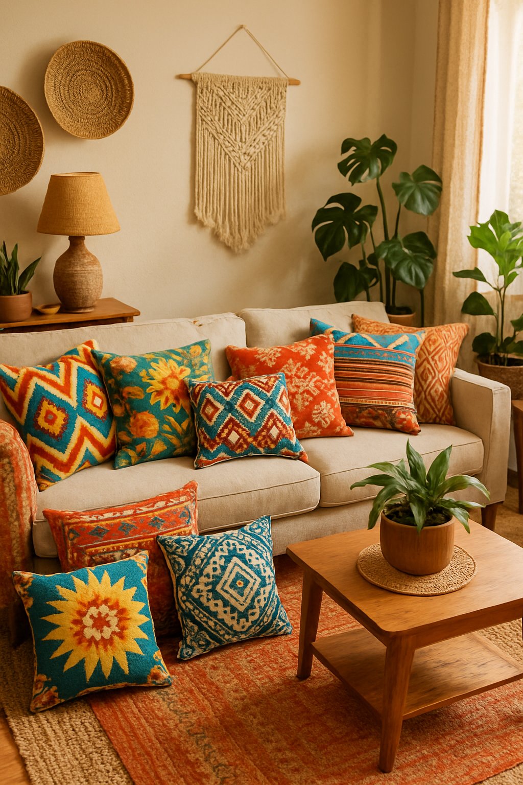 A living room with a sofa covered in various colorful patterned throw pillows, surrounded by plants and wooden furniture.