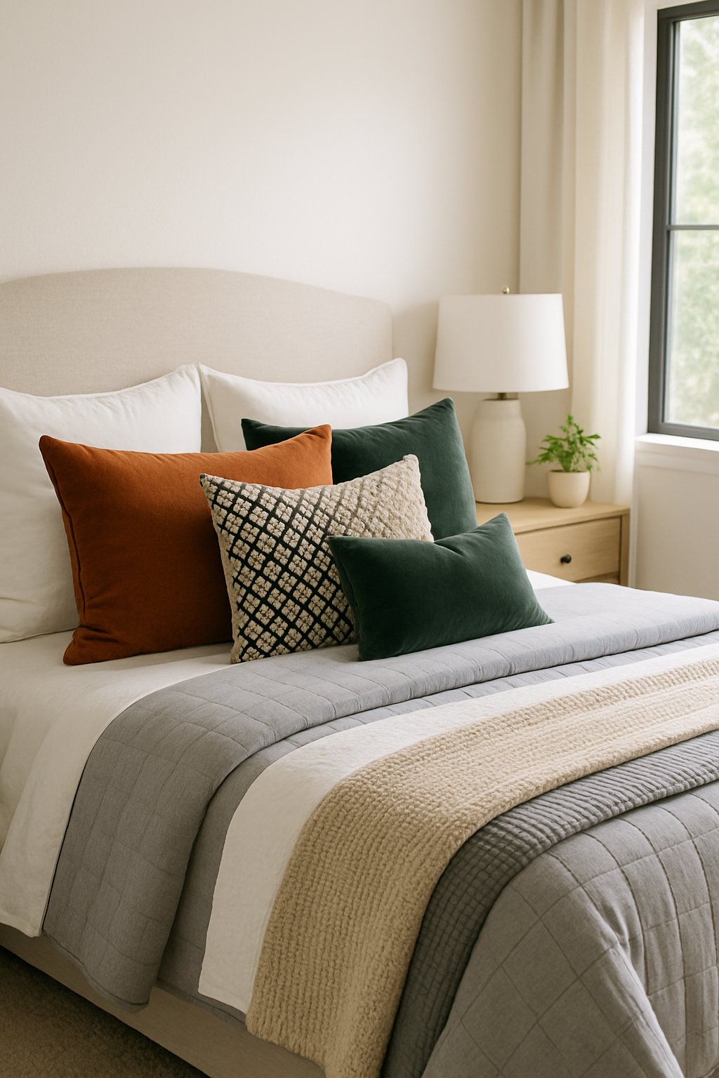 A bedroom with a neatly made bed layered with bedding and several contrasting throw pillows.