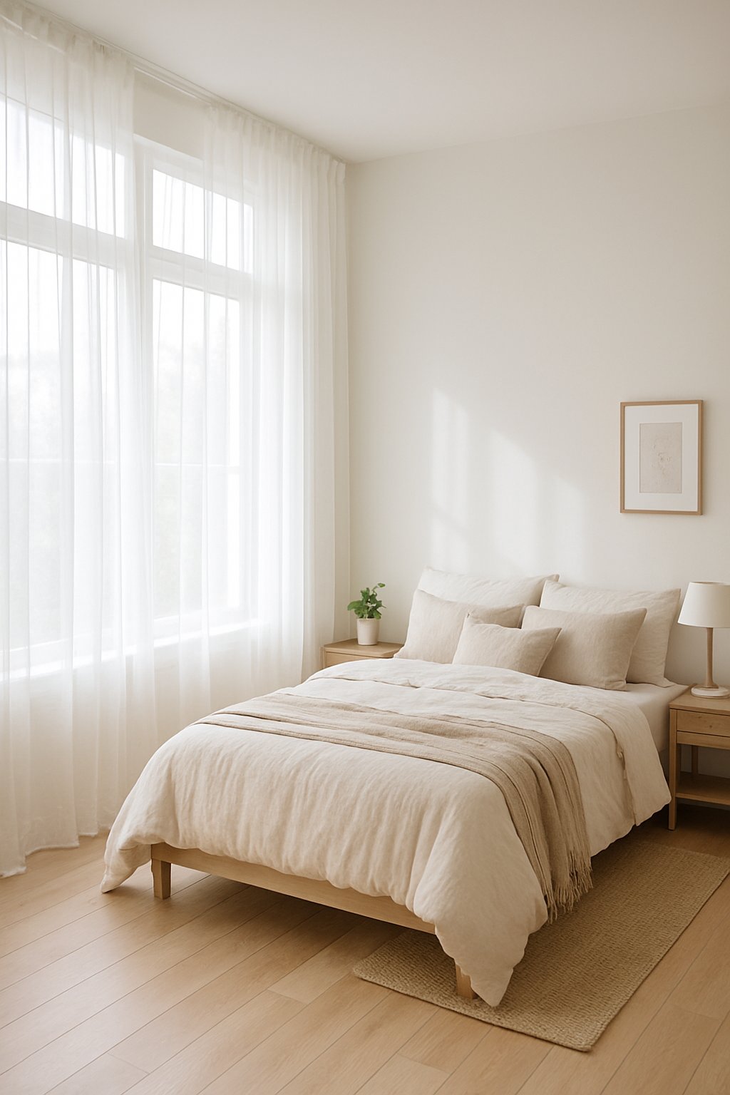 A bedroom with large windows covered by sheer white curtains letting in soft natural light, a neatly made bed, and simple furniture.