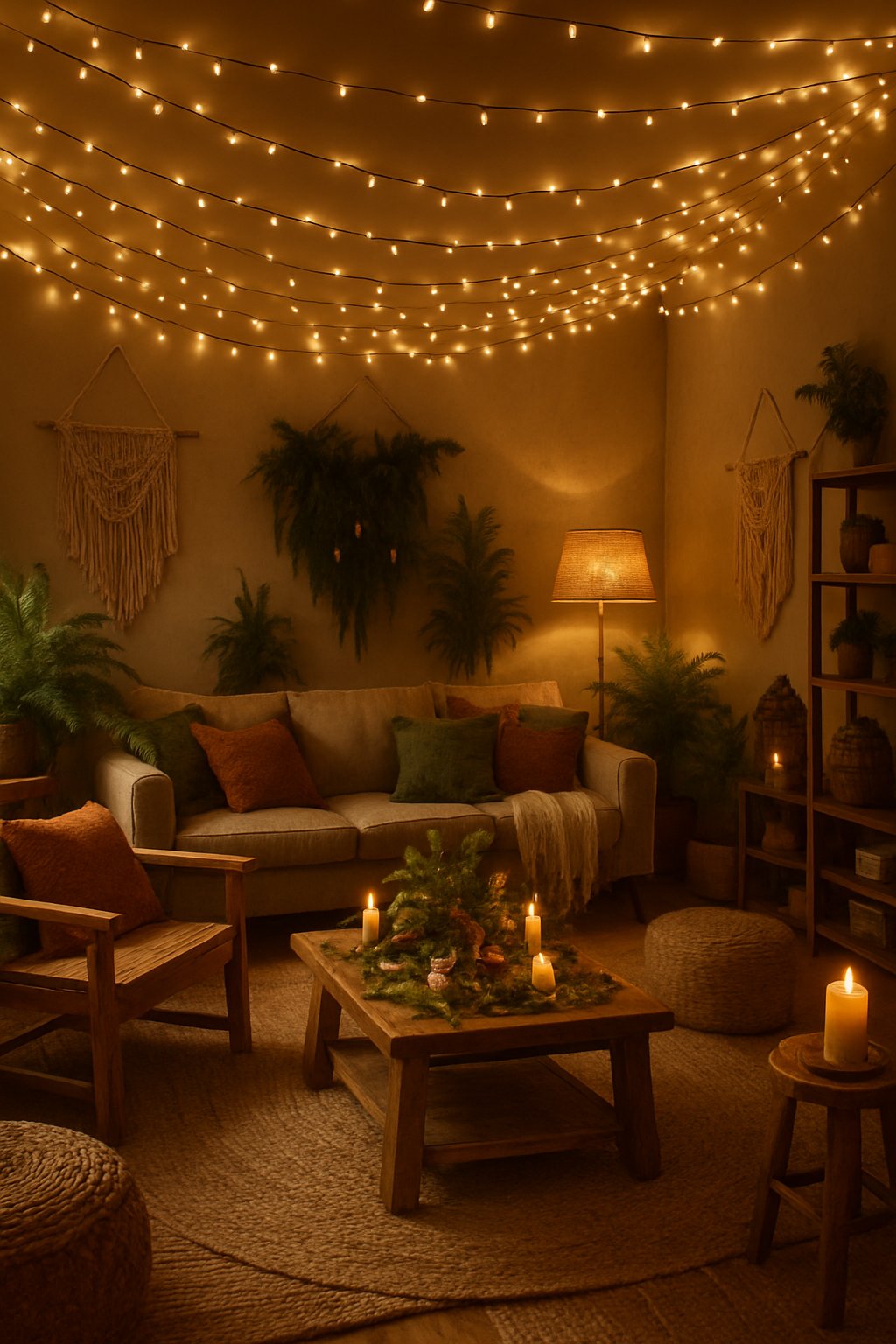 A cozy living room with fairy lights hanging overhead, surrounded by plants, wooden furniture, and soft cushions.