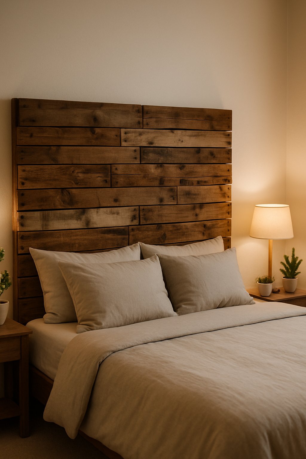 A bedroom with a bed and a headboard made from repurposed wood pallets, decorated with plants and a bedside lamp.