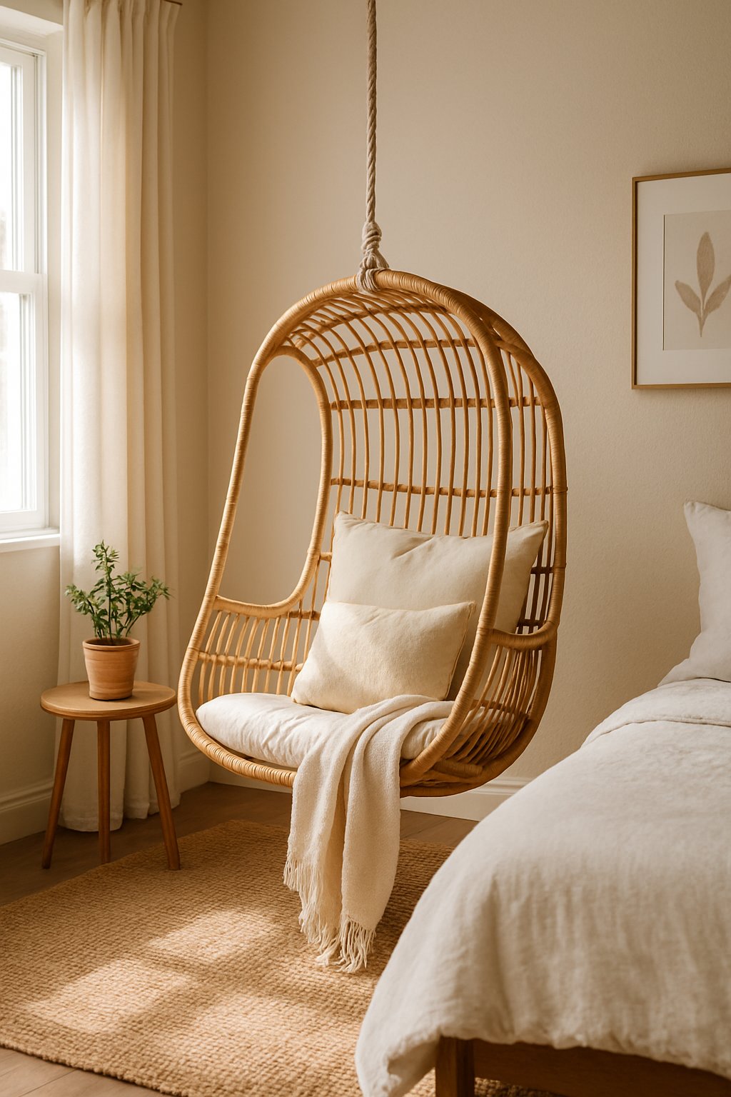 A bedroom corner with a hanging rattan chair, cushions, a small side table with a plant, and soft natural light.