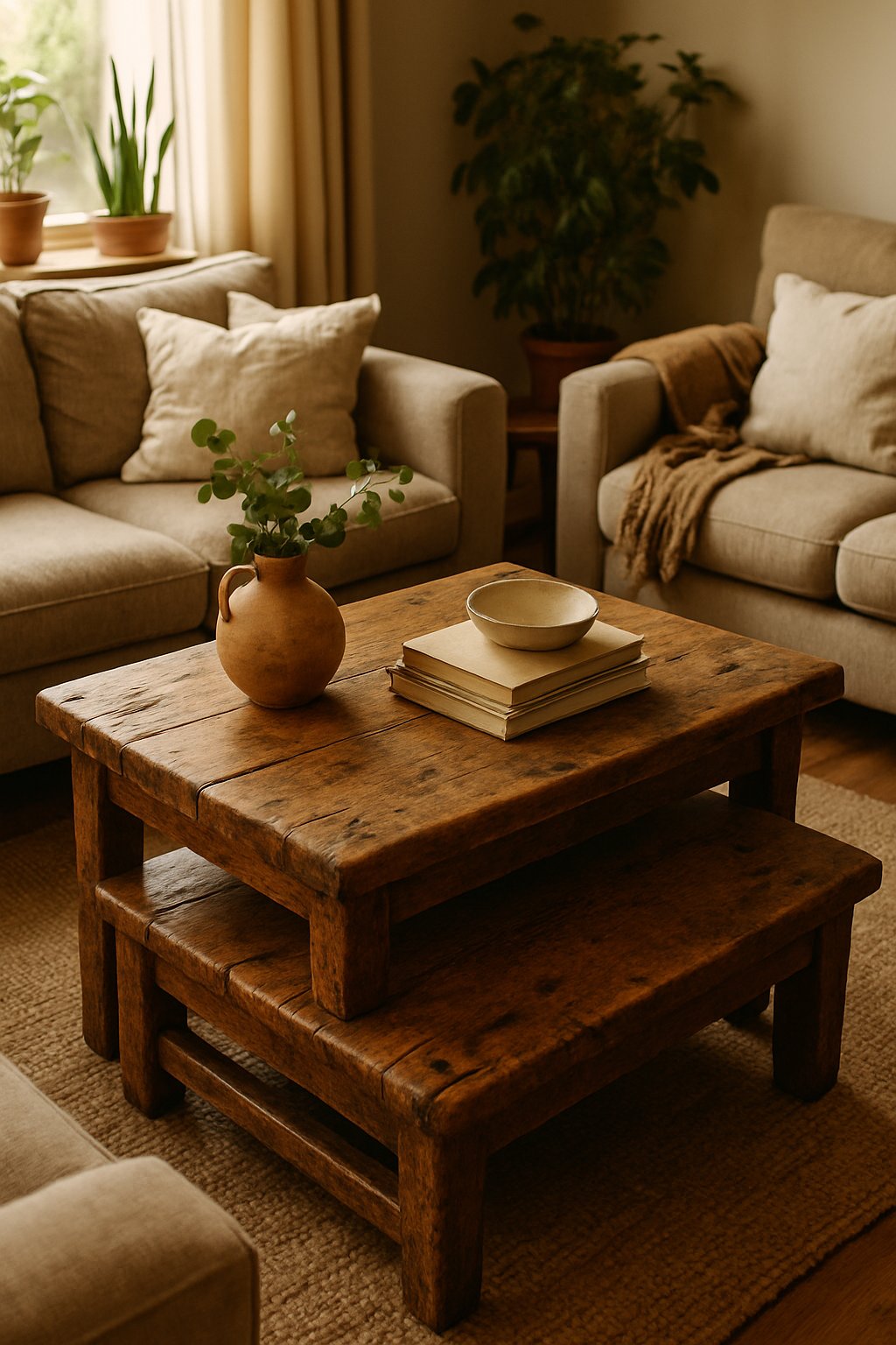A cozy living room with rustic wooden coffee tables showing dents and marks, surrounded by comfortable seating and plants.