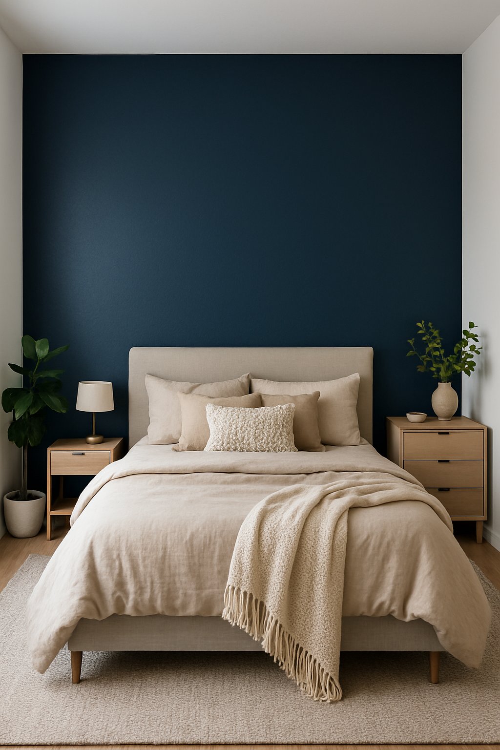 A bedroom with one wall painted matte navy blue, featuring a bed, wooden furniture, and a potted plant.