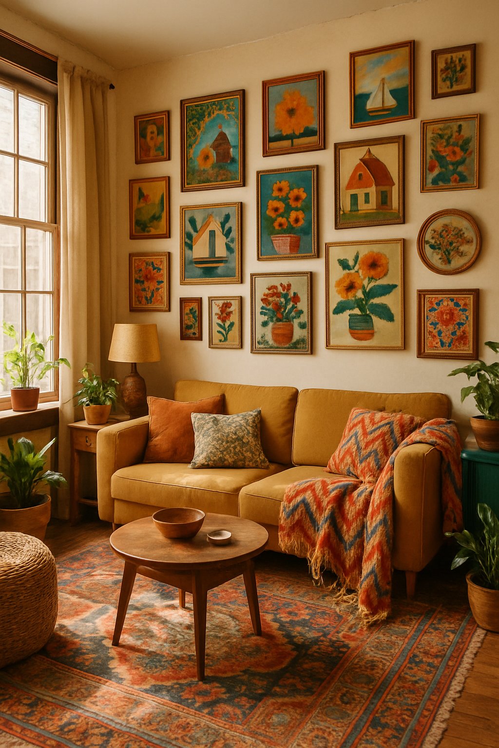 A cozy living room with a variety of colorful artwork on the walls, comfortable seating, plants, and decorative objects arranged in a warm and inviting space.