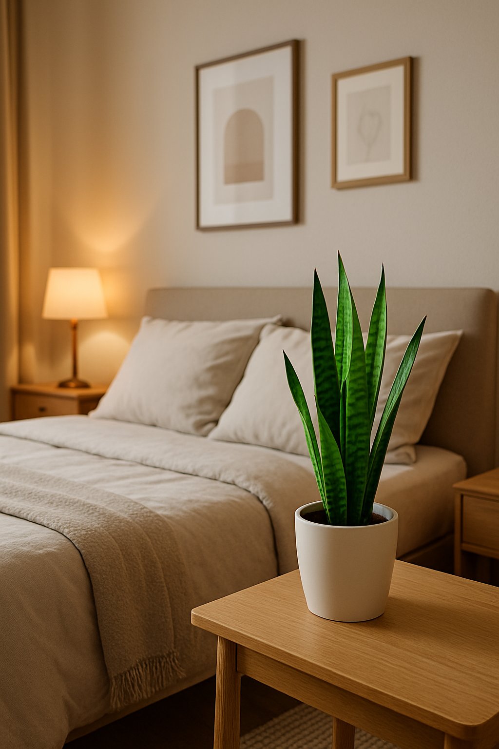 A bedroom with a neatly made bed and a small snake plant on the bedside table.