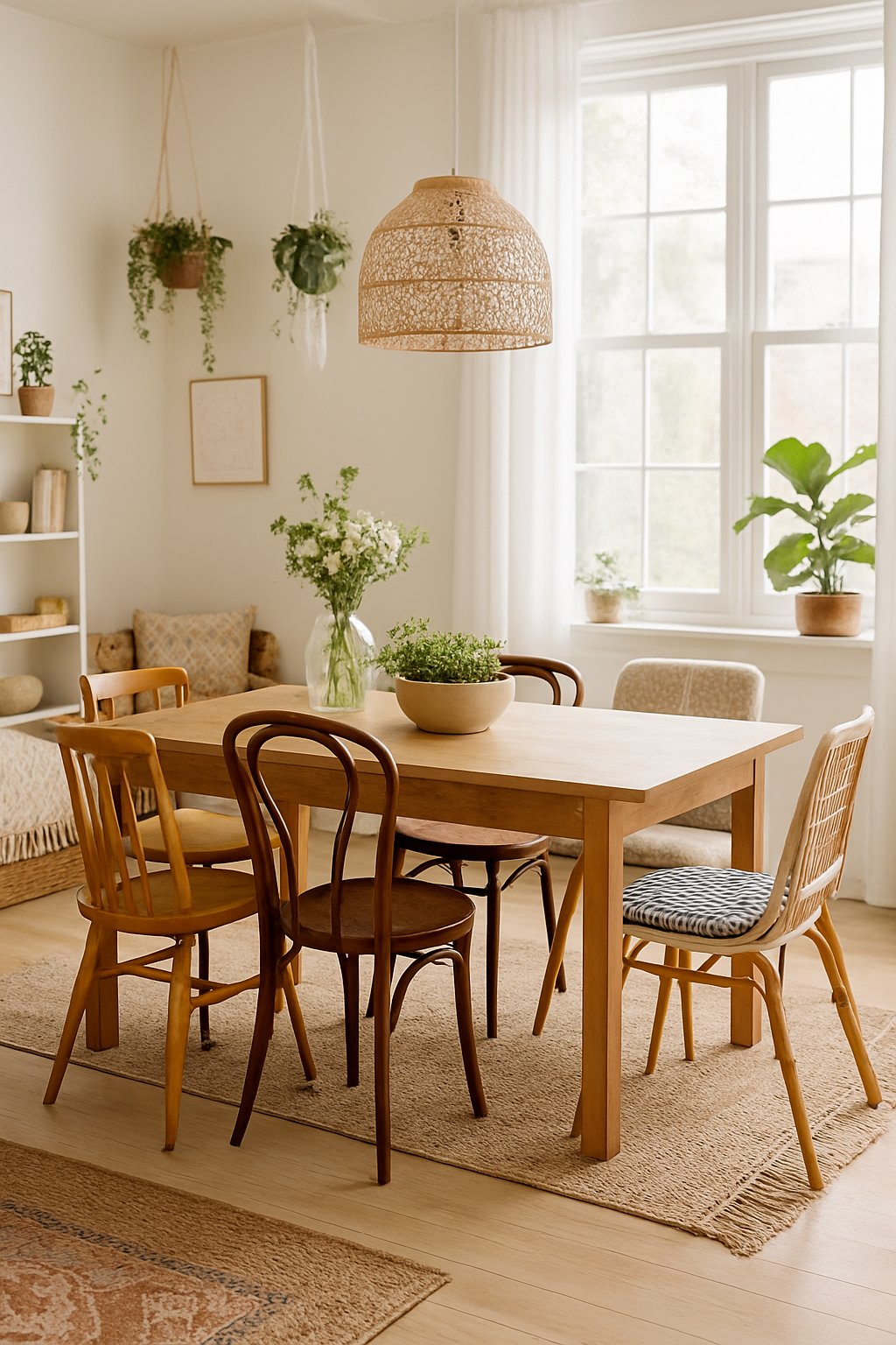 Dining table with various mismatched chairs around it in a bright living room with plants and decorative items.