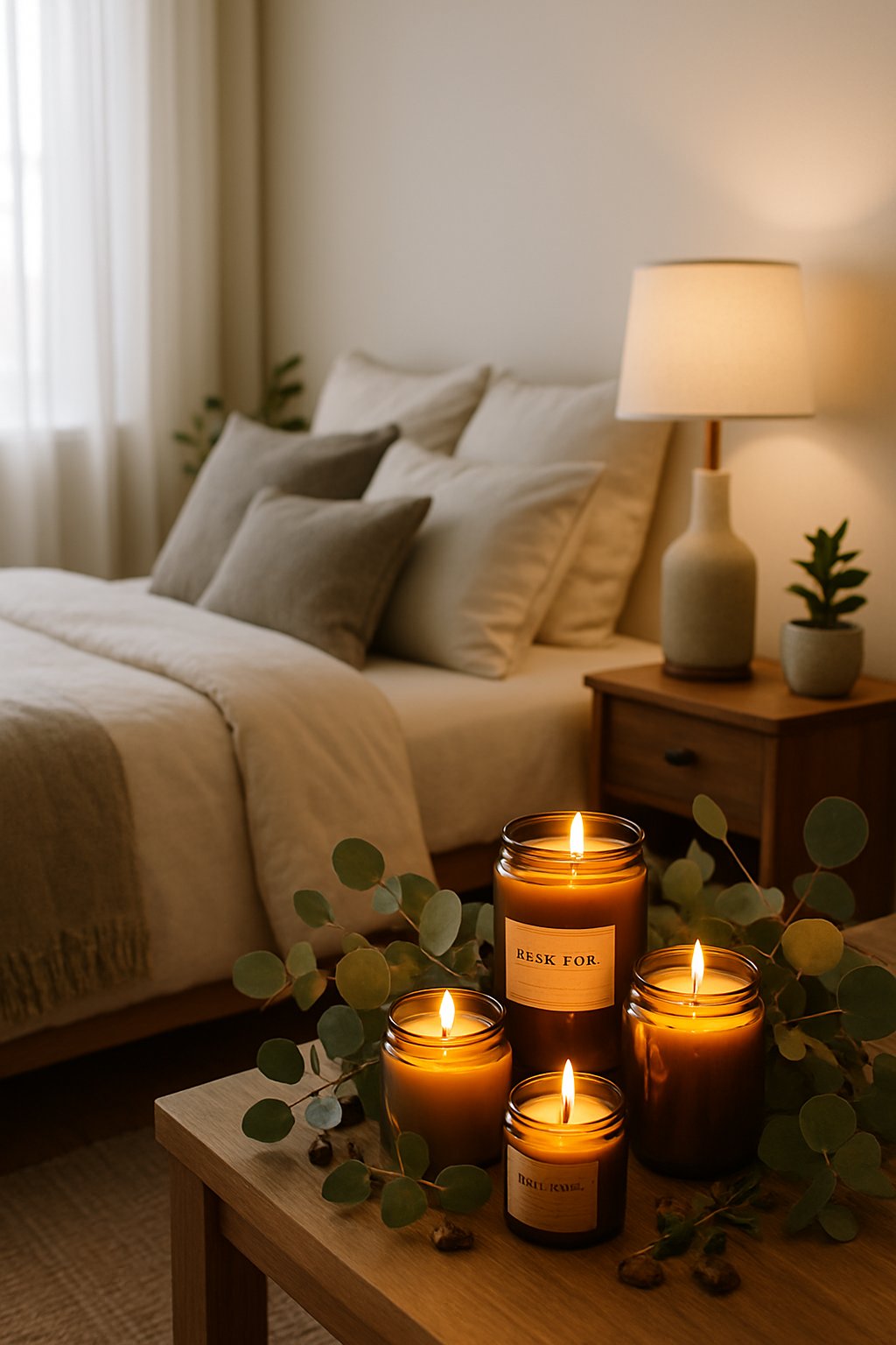 A cozy bedroom with a neatly made bed, lit scented candles on a nightstand surrounded by eucalyptus leaves and cedarwood accents, with soft natural light coming through sheer curtains.
