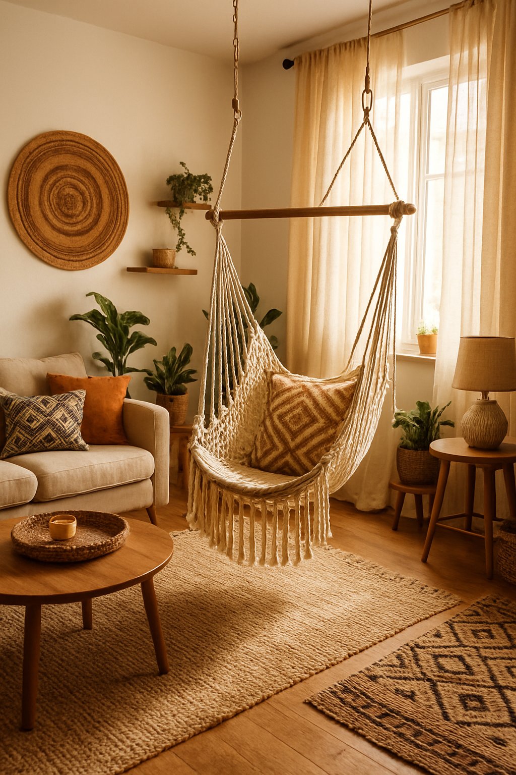 A bright living room with a hammock swing chair hanging near a large window surrounded by plants and comfortable furniture.