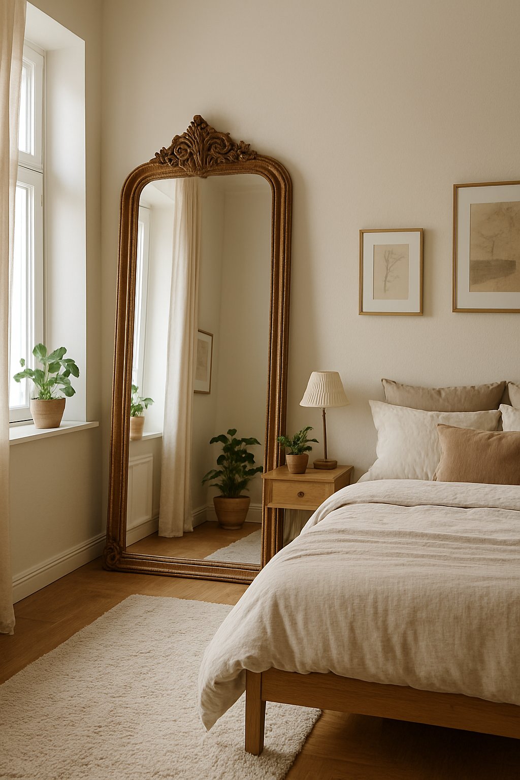 A bedroom with a full-length antique mirror leaning against a wall next to a bed and bedside table.