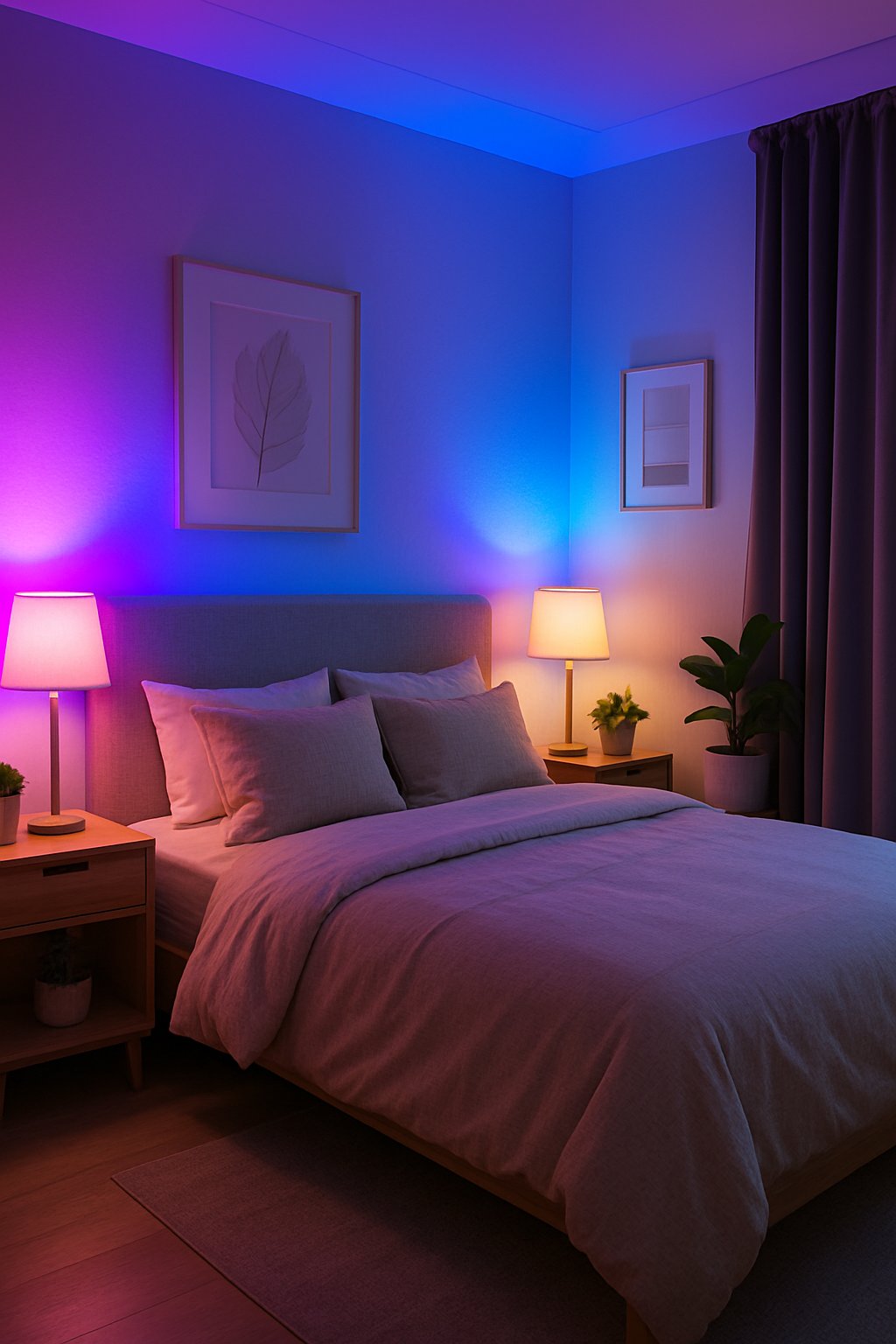 A modern bedroom with a cozy bed and colorful smart lighting casting blue, purple, and warm white glows, surrounded by bedside tables, plants, and minimalist decor.