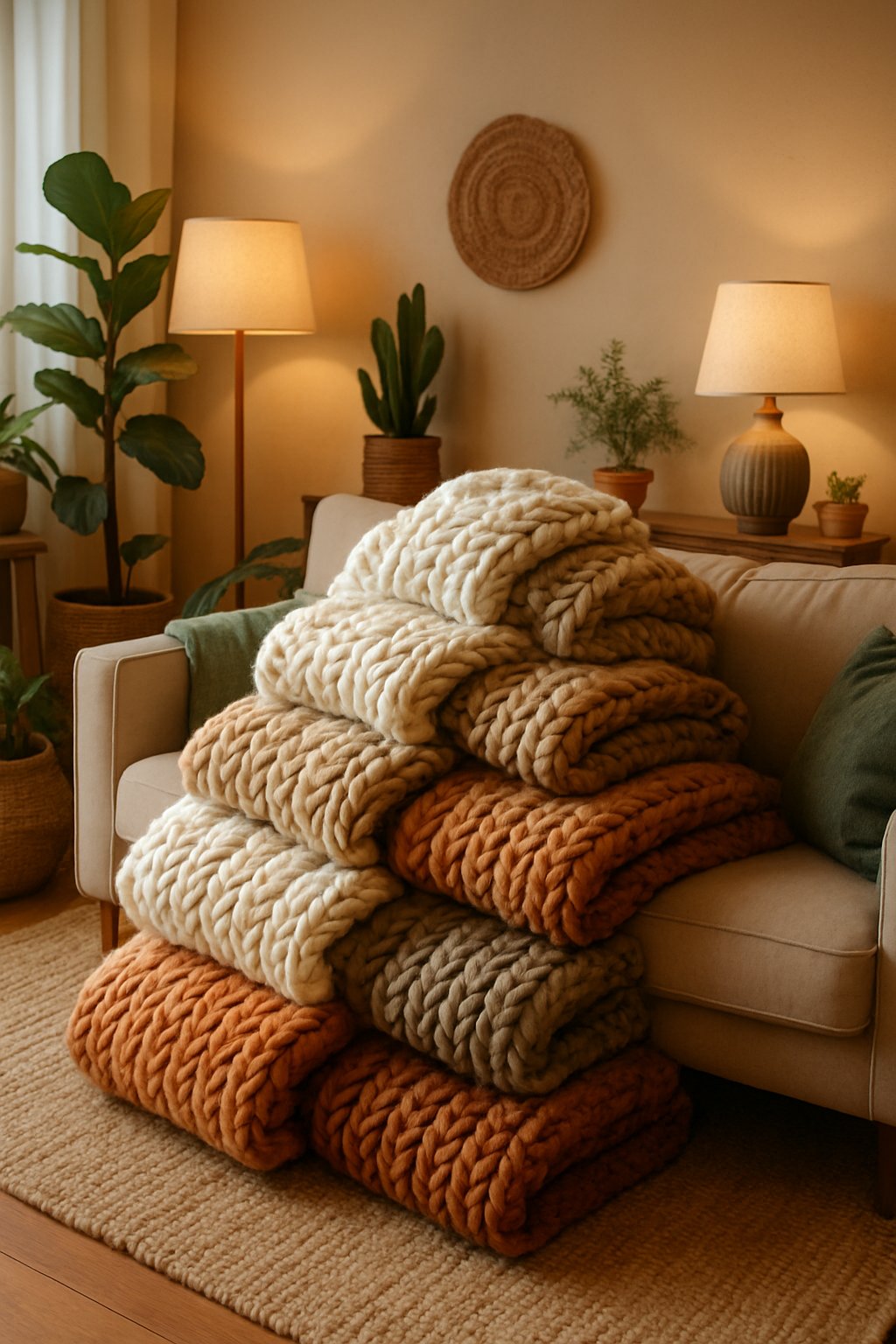 A living room with a sofa piled high with chunky knit blankets surrounded by plants and warm decor.