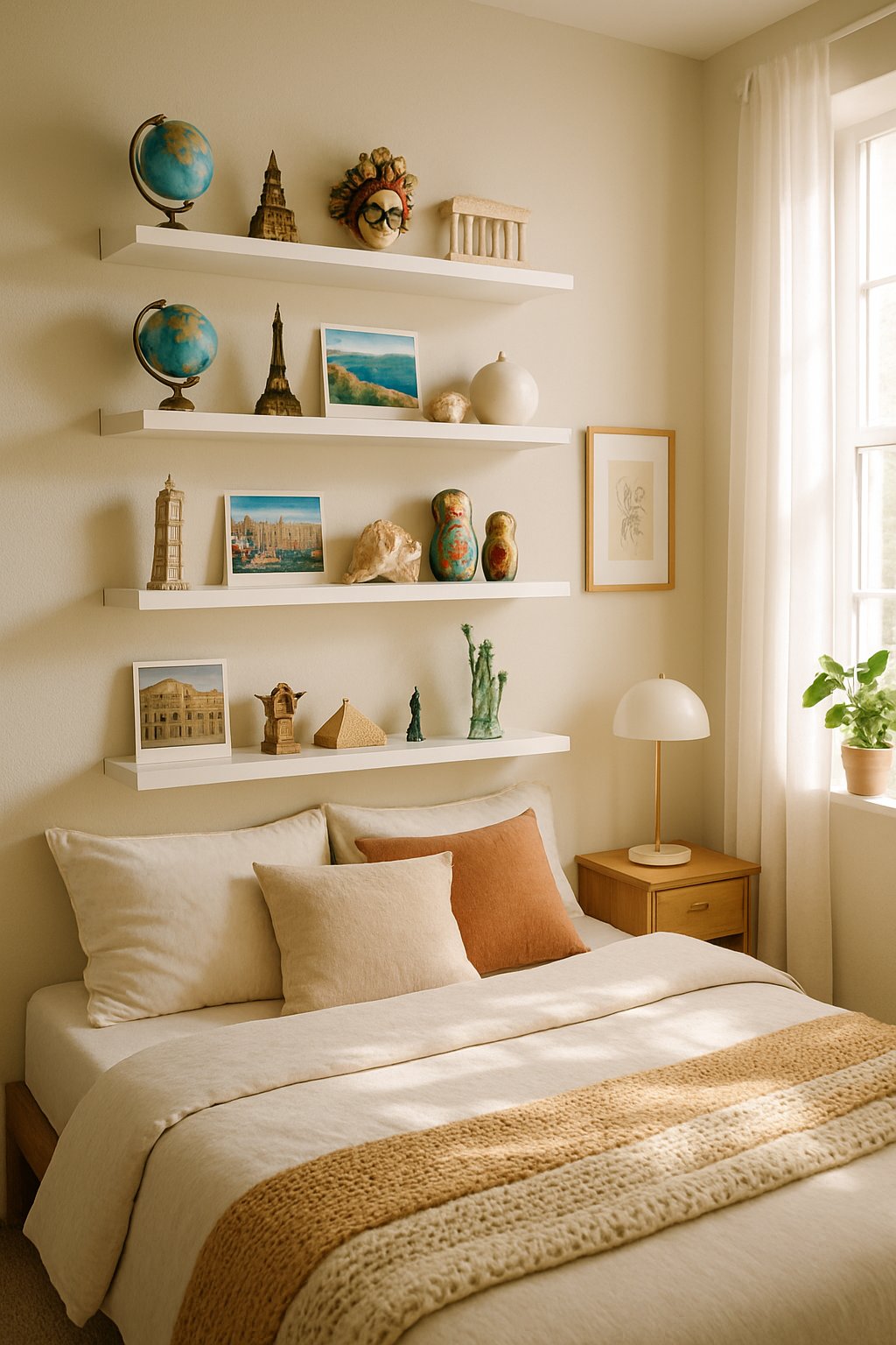 A bedroom with floating shelves displaying various travel souvenirs above a neatly made bed.