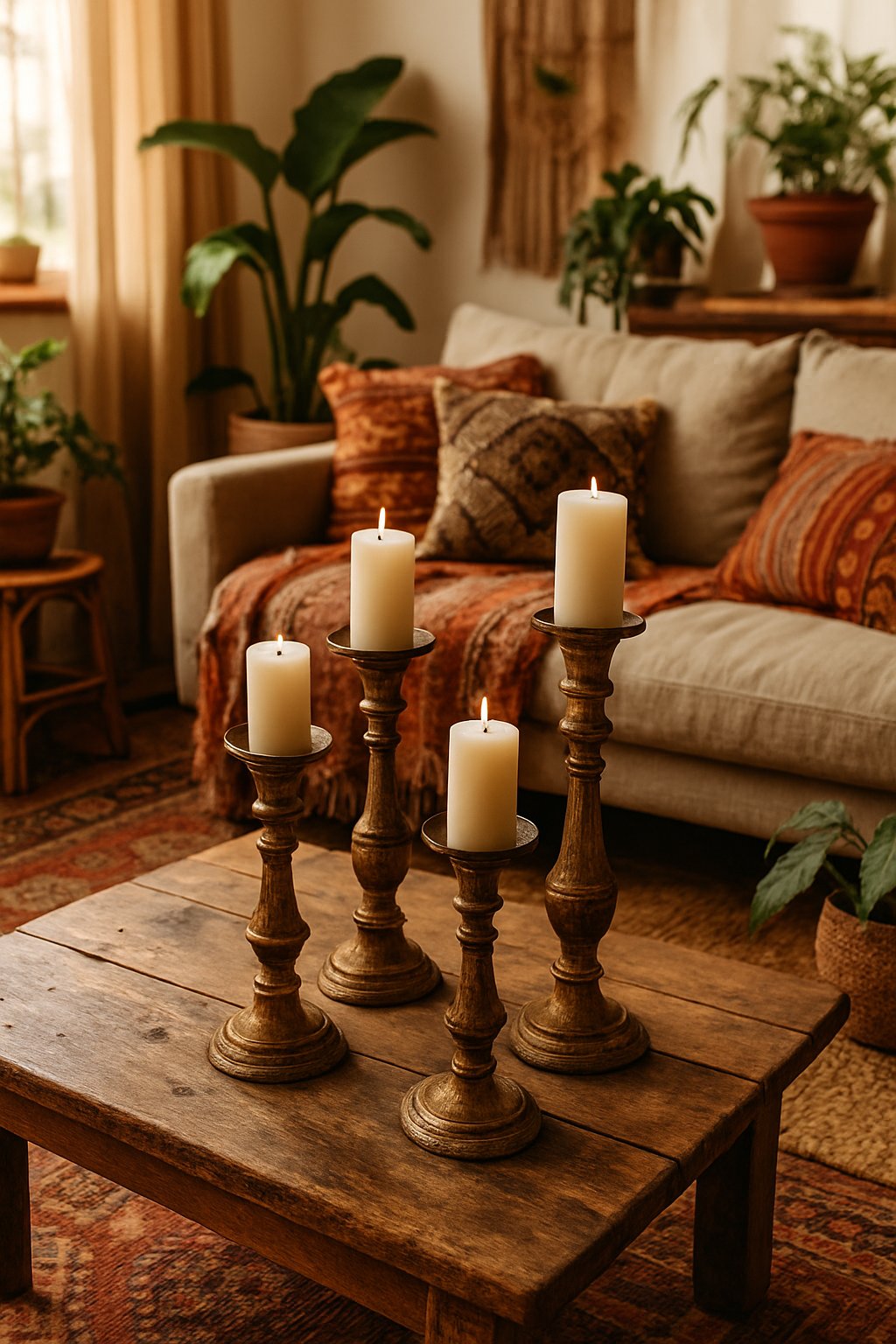 A cozy living room with brass candle holders on a wooden table surrounded by plants, rugs, and vintage furniture.