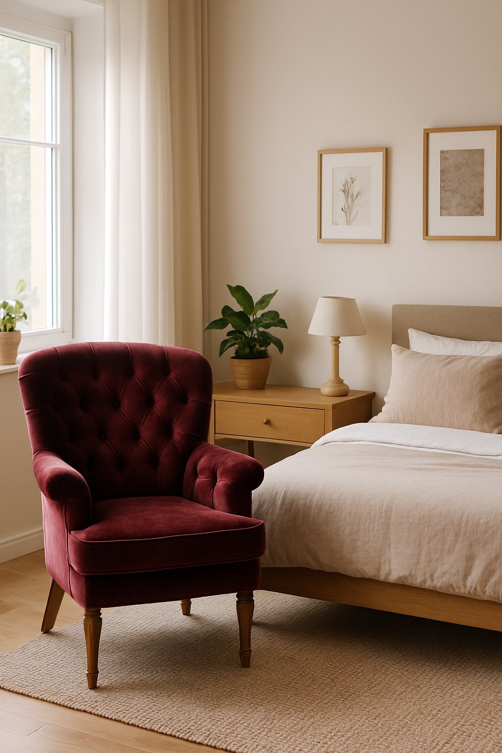 A bedroom with a vintage velvet armchair near a window, a bed, nightstand, and decorative plants.