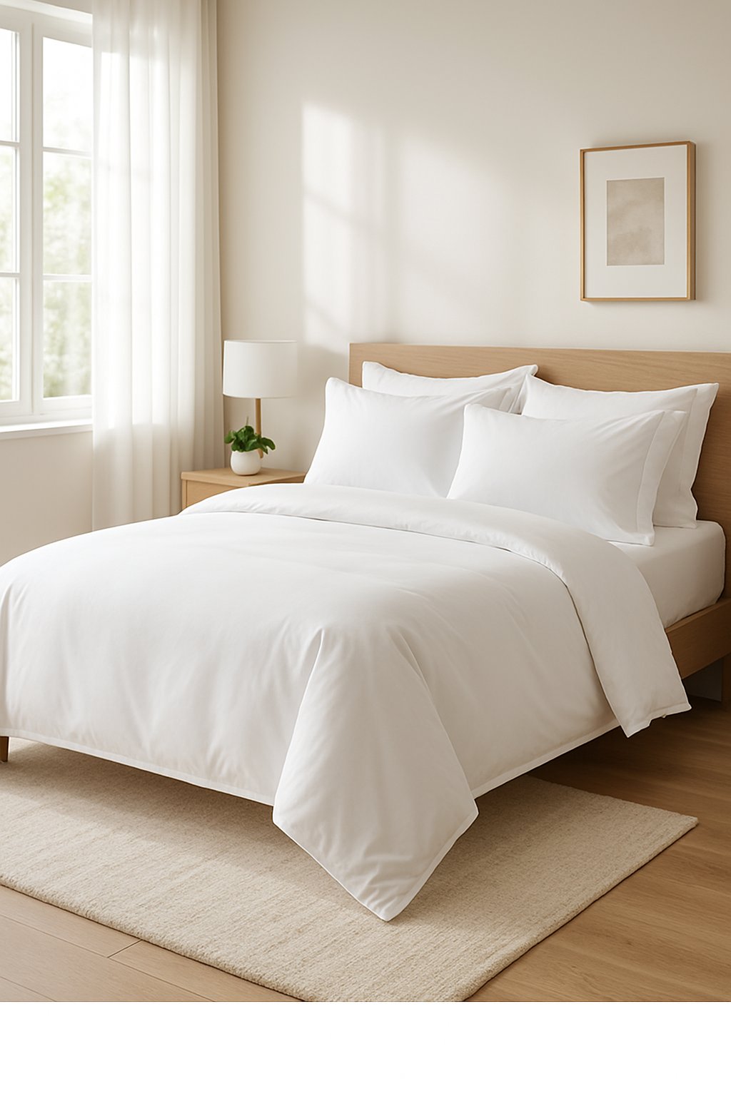 A bedroom with a neatly made bed covered in white sheets and soft natural light coming through large windows.