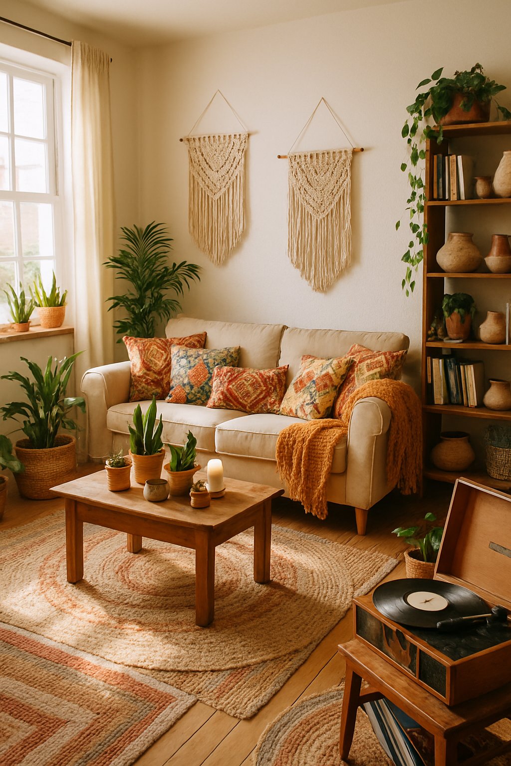 A bright living room with a sofa, coffee table, plants, and decorative items creating a warm and inviting atmosphere.