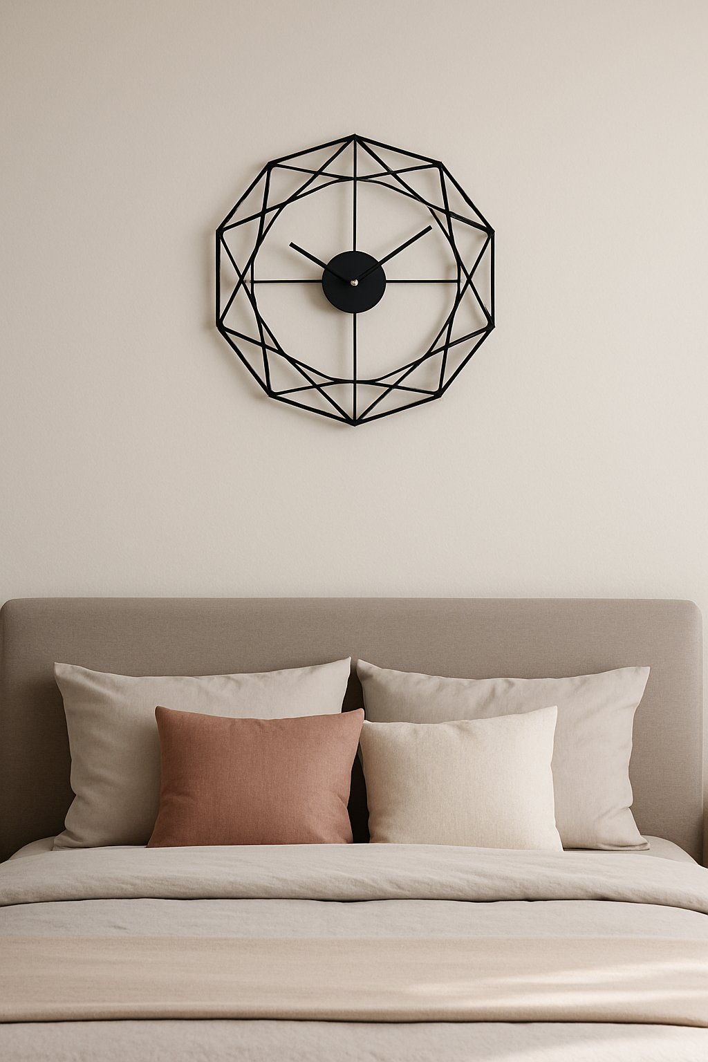 A bedroom with a bed and a geometric clock mounted on the wall above it.