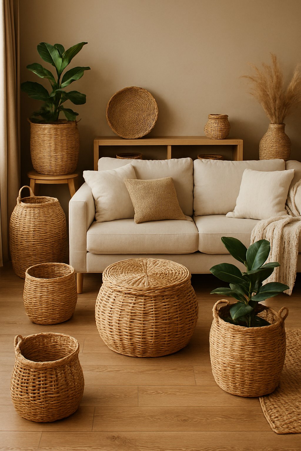 A living room with woven baskets used as furniture and decor, including storage baskets and planters, with a seating area and plants.