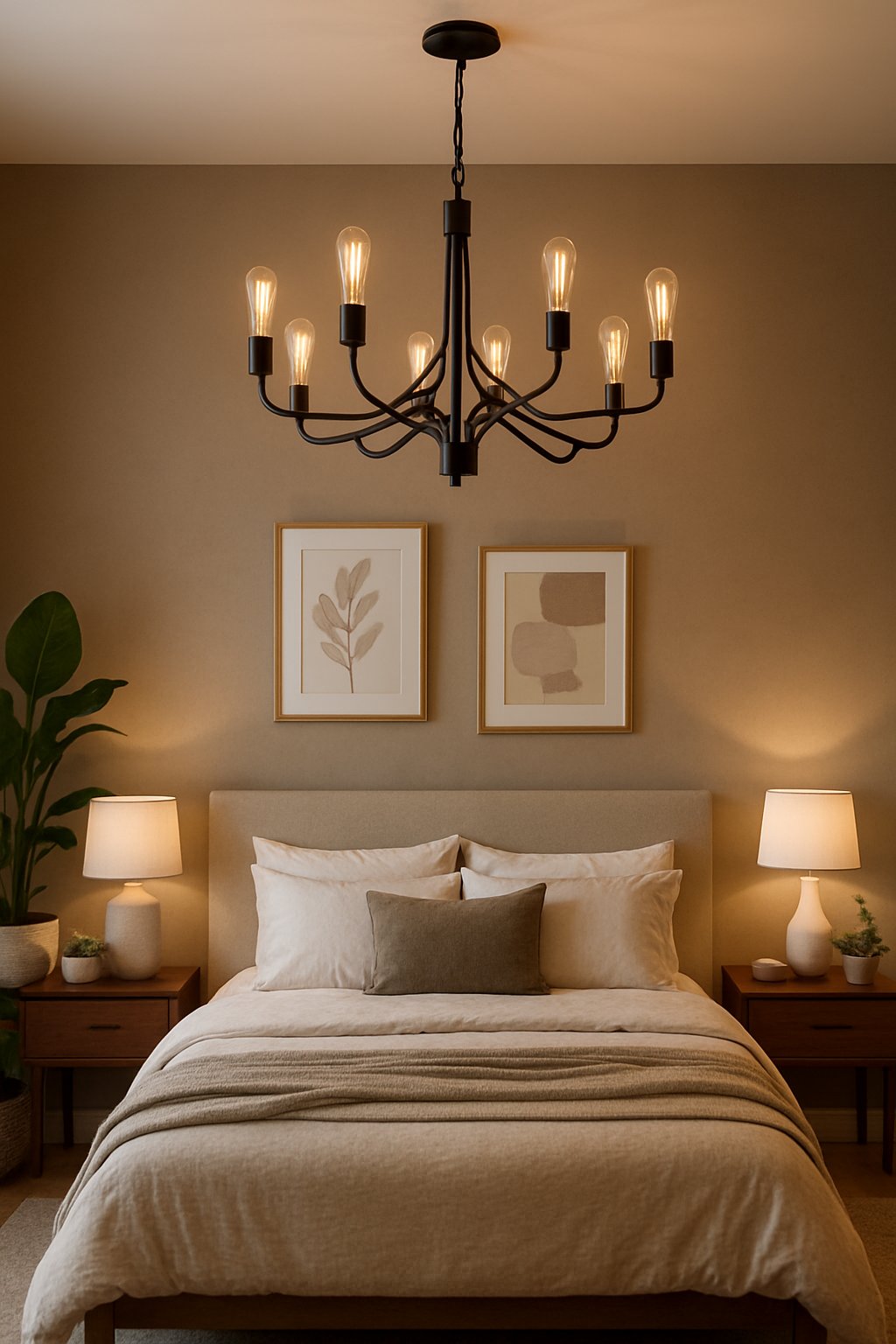 A bedroom with a large chandelier featuring Edison bulbs hanging above a neatly made bed surrounded by nightstands and decor.