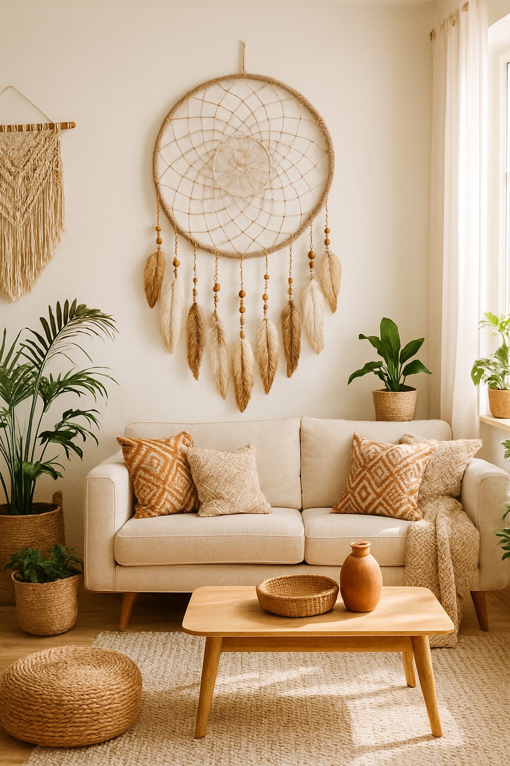A bright living room with a large dreamcatcher hanging on the wall, surrounded by plants, wooden furniture, and cozy textiles.