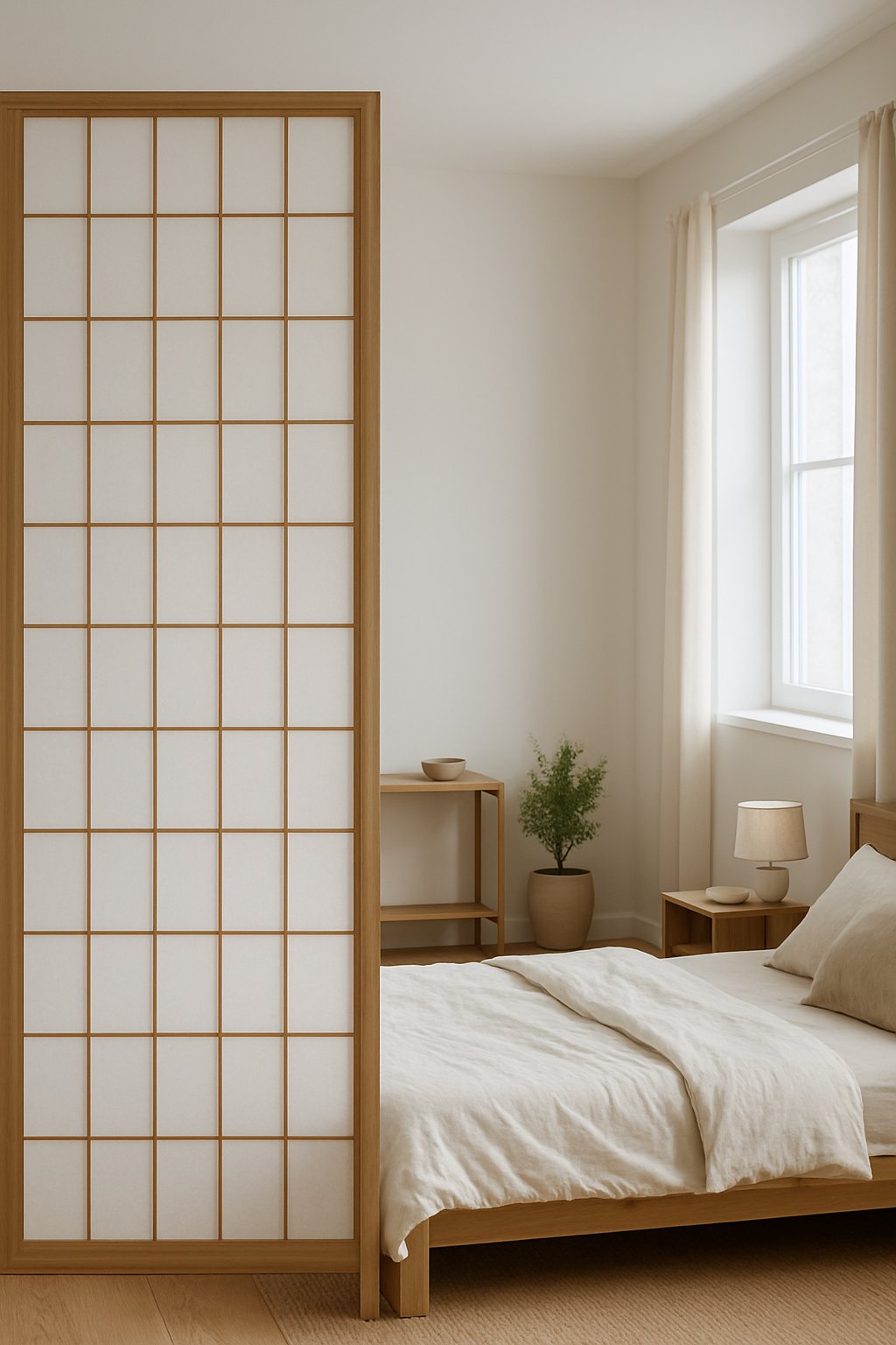A bedroom with a wooden shoji screen dividing the space, showing a bed and a small seating area.