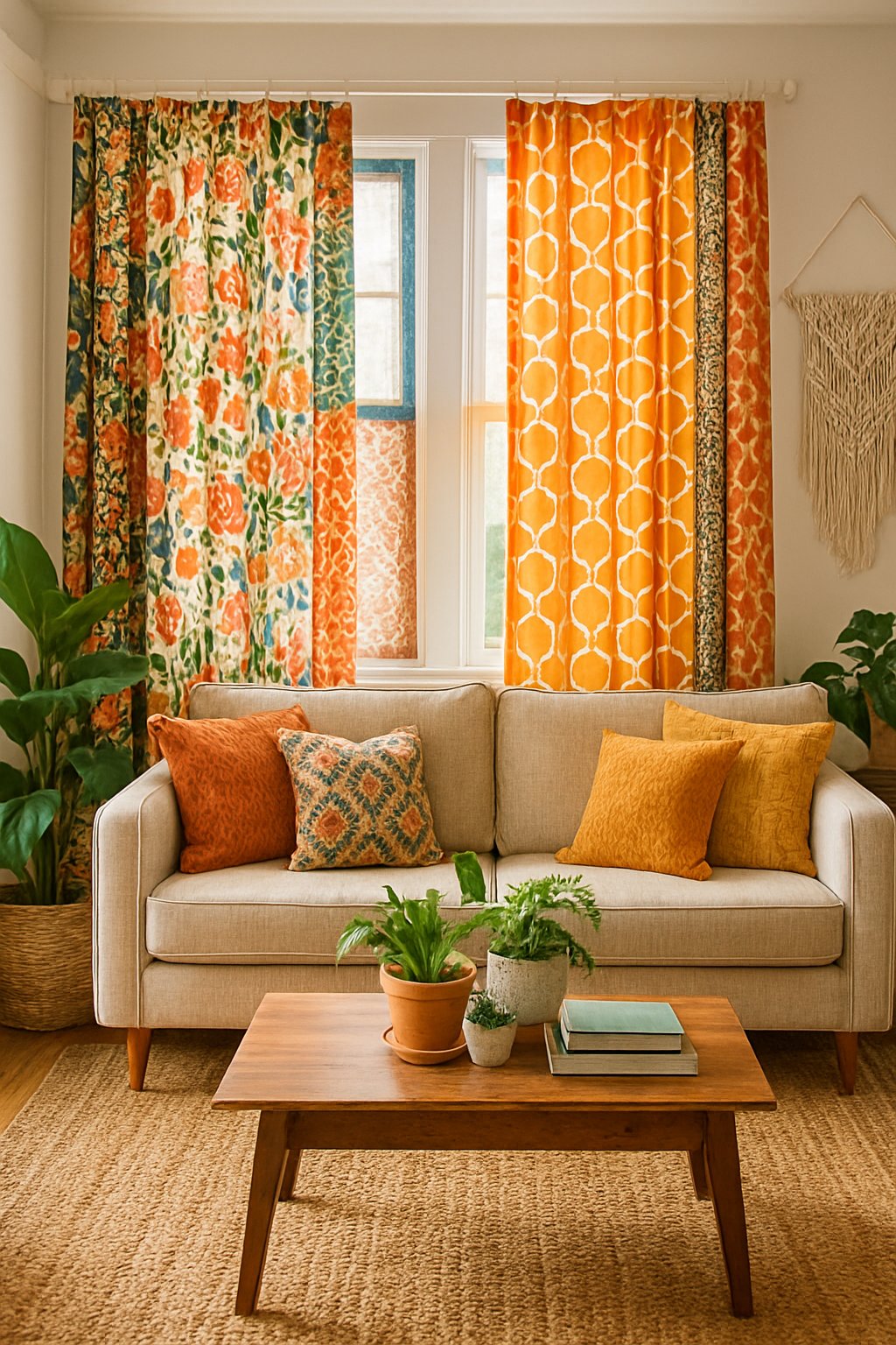 A living room with mixed floral and geometric curtains, a sofa, coffee table, plants, and warm natural light.