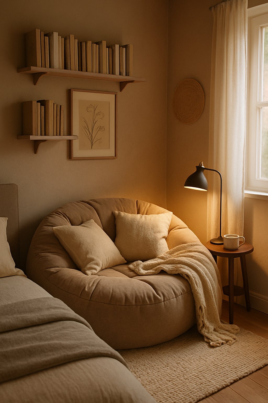 A cozy bedroom corner with a large plush bean bag, bookshelves, a small side table with a lamp and cup, and natural light coming through a window.