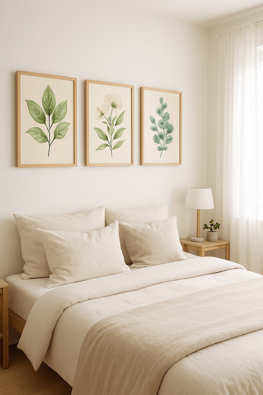 A bedroom with a bed and three framed botanical prints hanging on the wall above it.