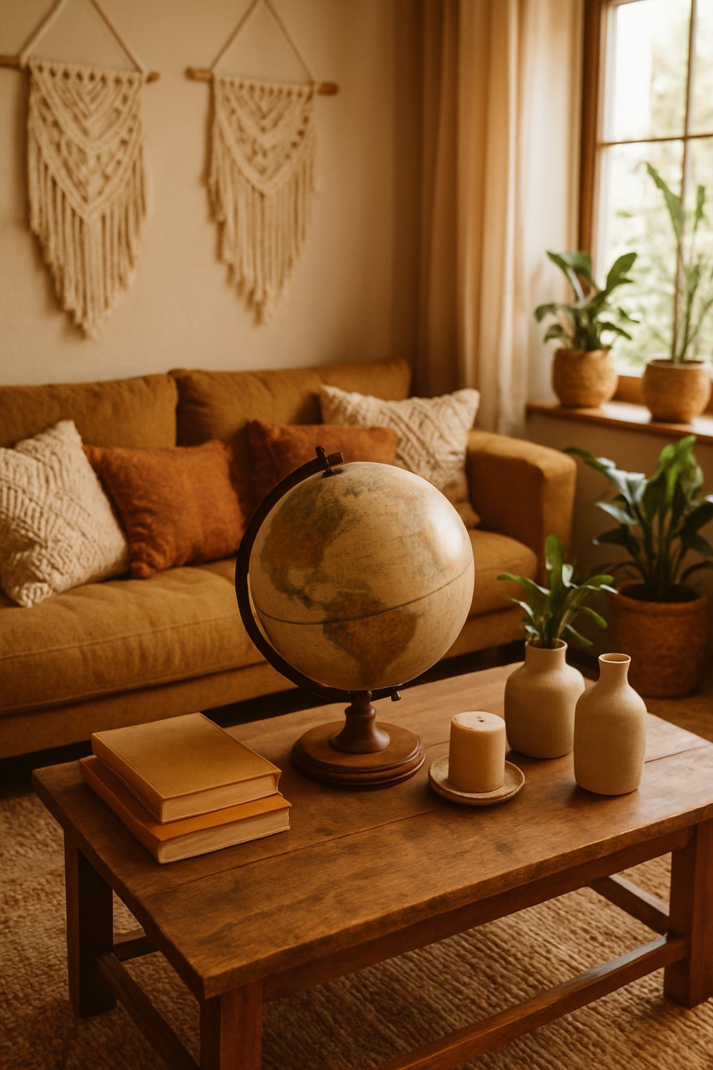 A cozy living room with a vintage globe on a wooden coffee table surrounded by cushions, plants, and decorative items.