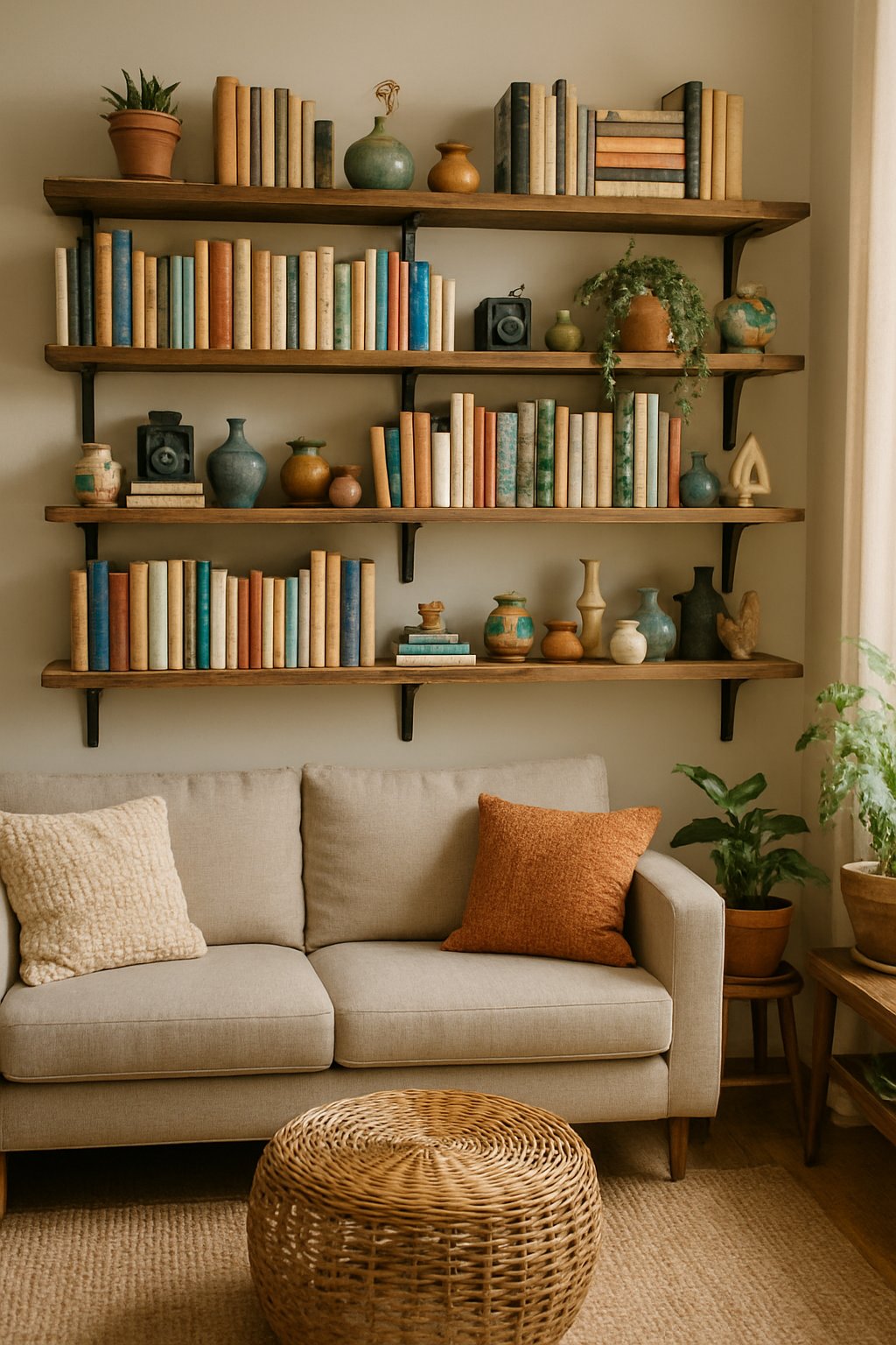 A living room with wooden shelves filled with books and decorative items, soft natural light, and comfortable seating.