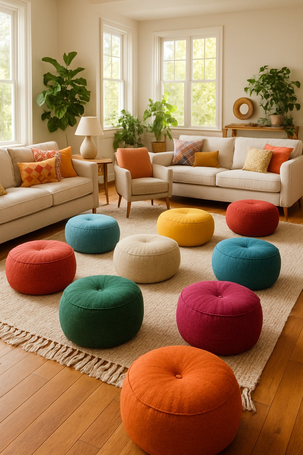 Living room with colorful floor poufs arranged around a cozy seating area with sofas, plants, and natural light.