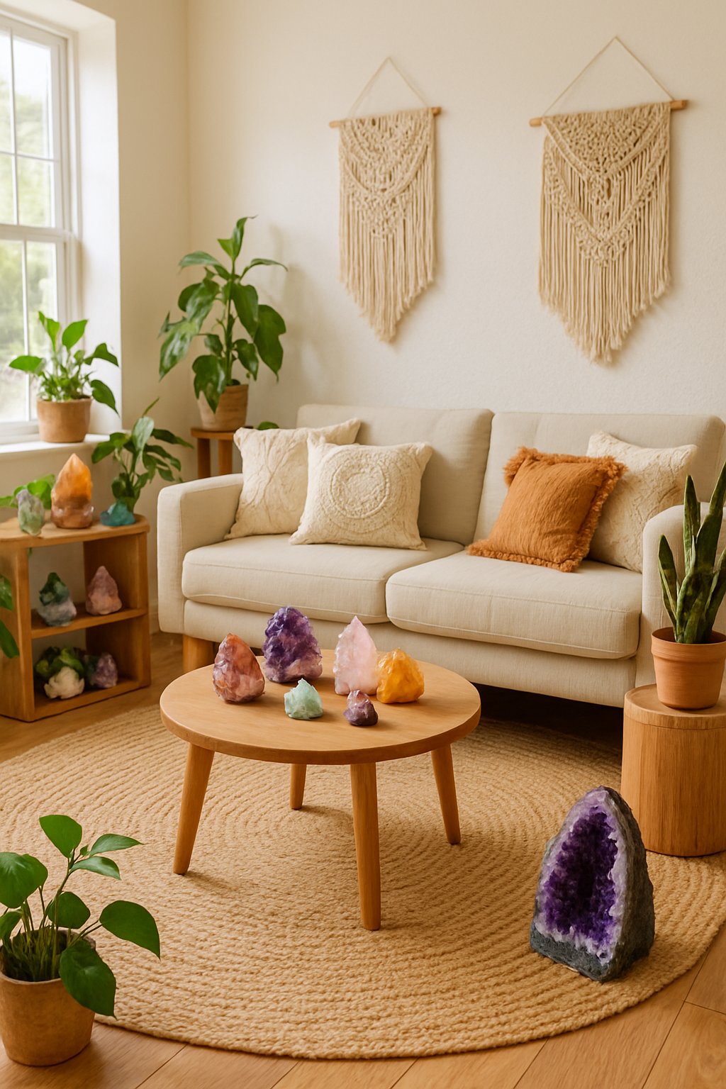 A bright living room with cushions, plants, and colorful crystals scattered around, creating a warm and inviting atmosphere.