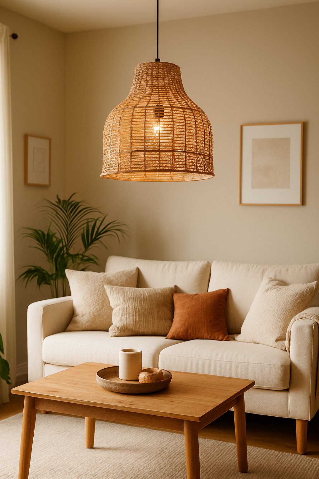Living room with a woven rattan pendant lamp hanging above a sofa and coffee table, surrounded by plants and decorative elements.