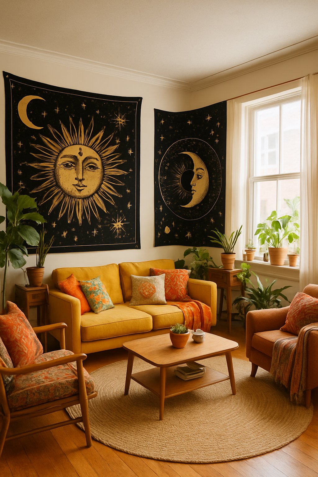A cozy living room with celestial tapestries hanging on the walls, comfortable seating, plants, and natural light.