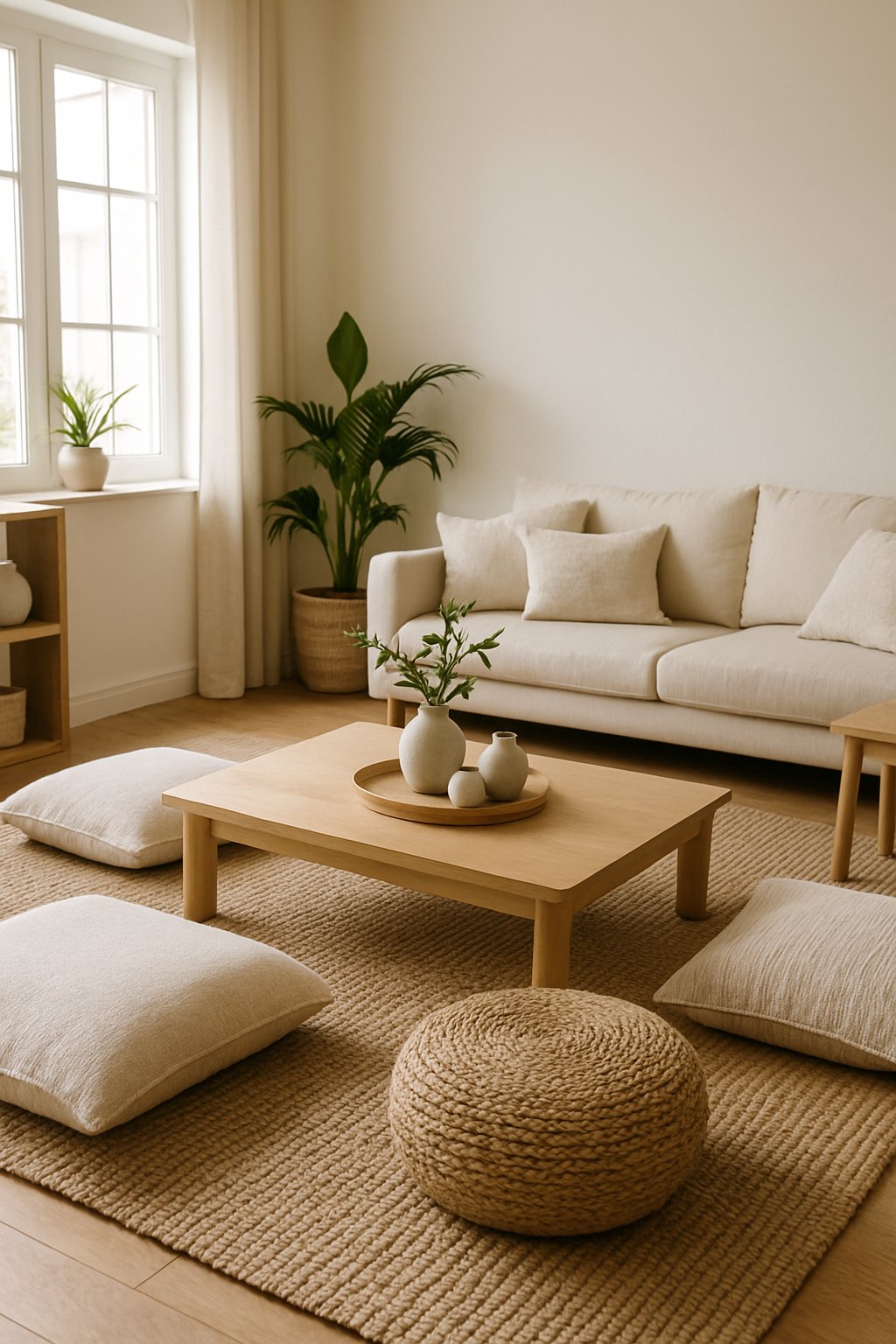 A living room with a low coffee table surrounded by floor cushions, plants, and soft natural lighting.