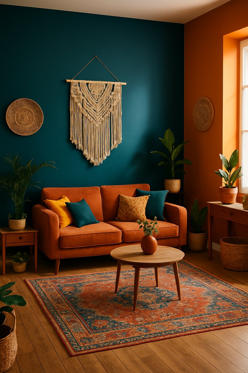A bright living room with deep teal and orange walls, a sofa with cushions, plants, and wooden furniture.
