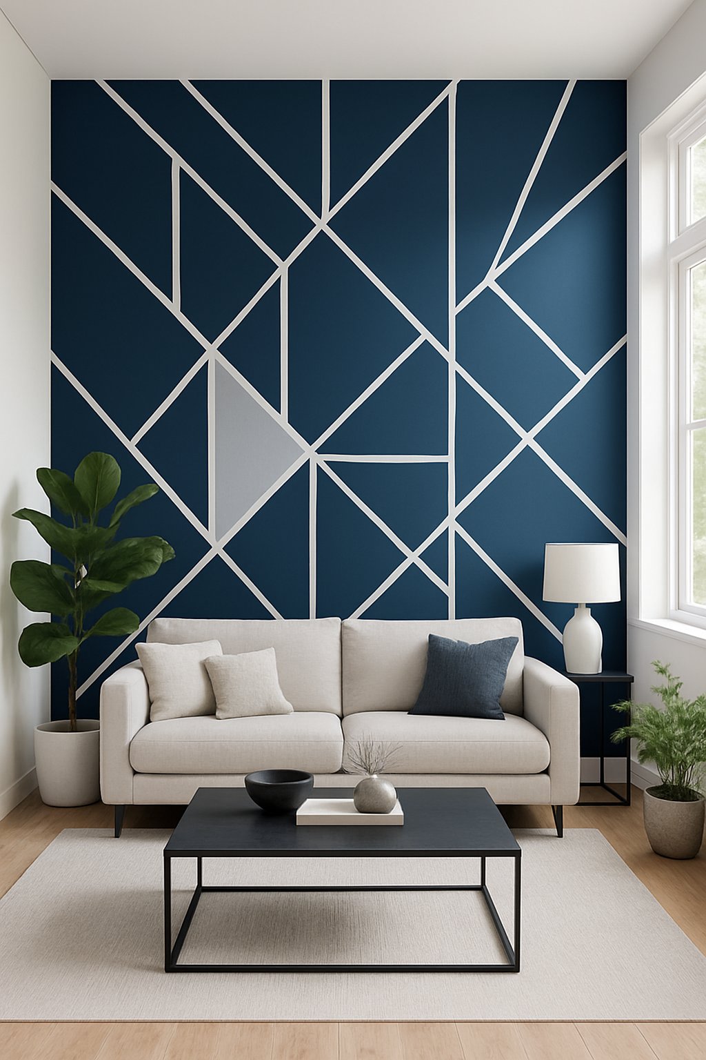 Living room with a navy blue accent wall featuring geometric patterns, a neutral sofa, coffee table, and indoor plants.