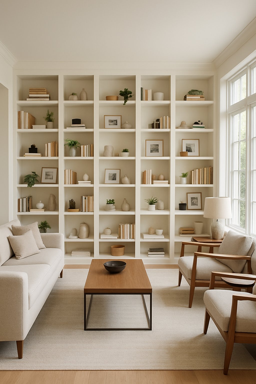 Living room with 23 built-in shelves filled with books, plants, and decorative items, featuring comfortable seating and large windows.