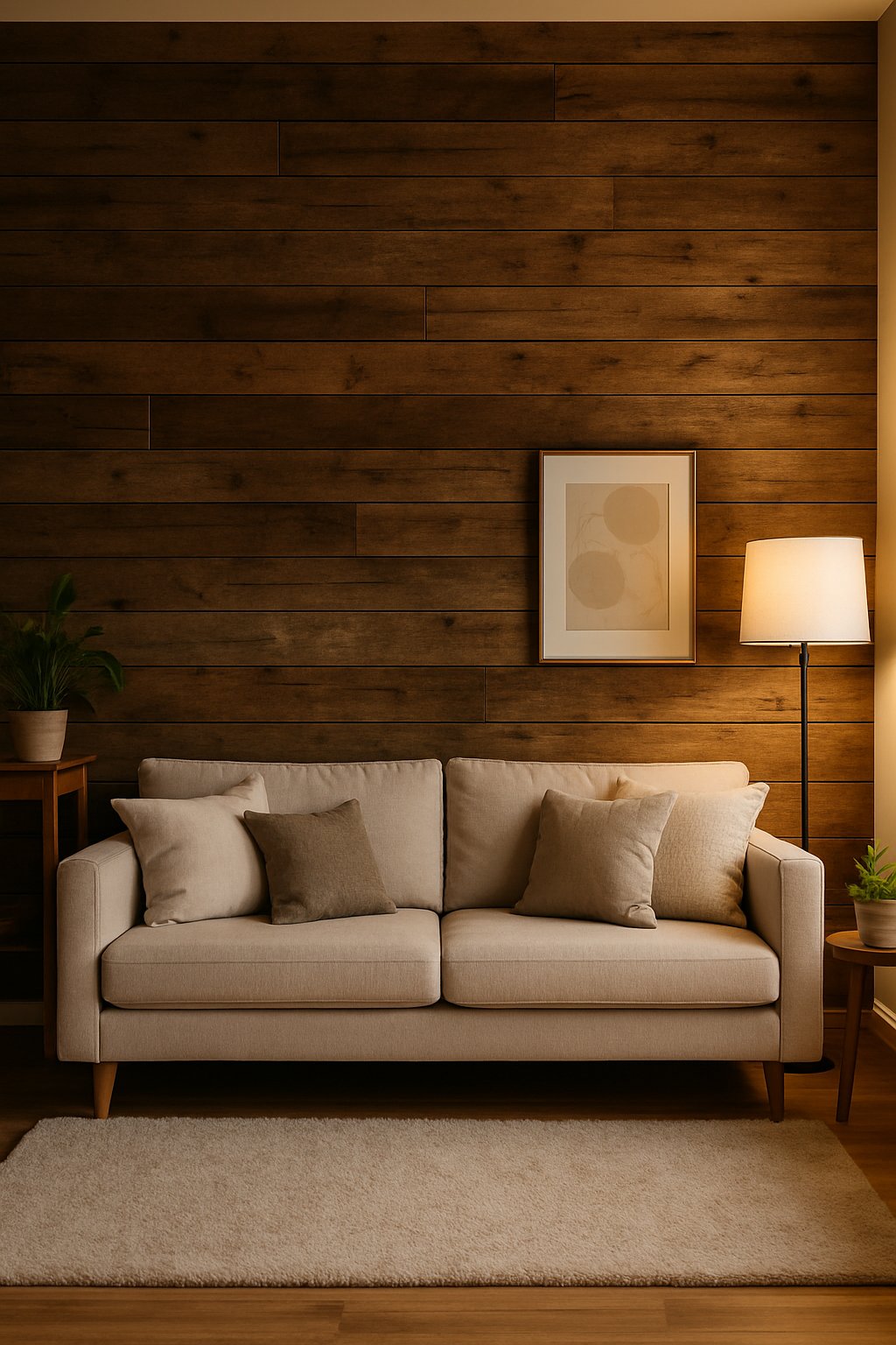 Living room with a rustic wood panel accent wall, sofa, area rug, and warm lighting.