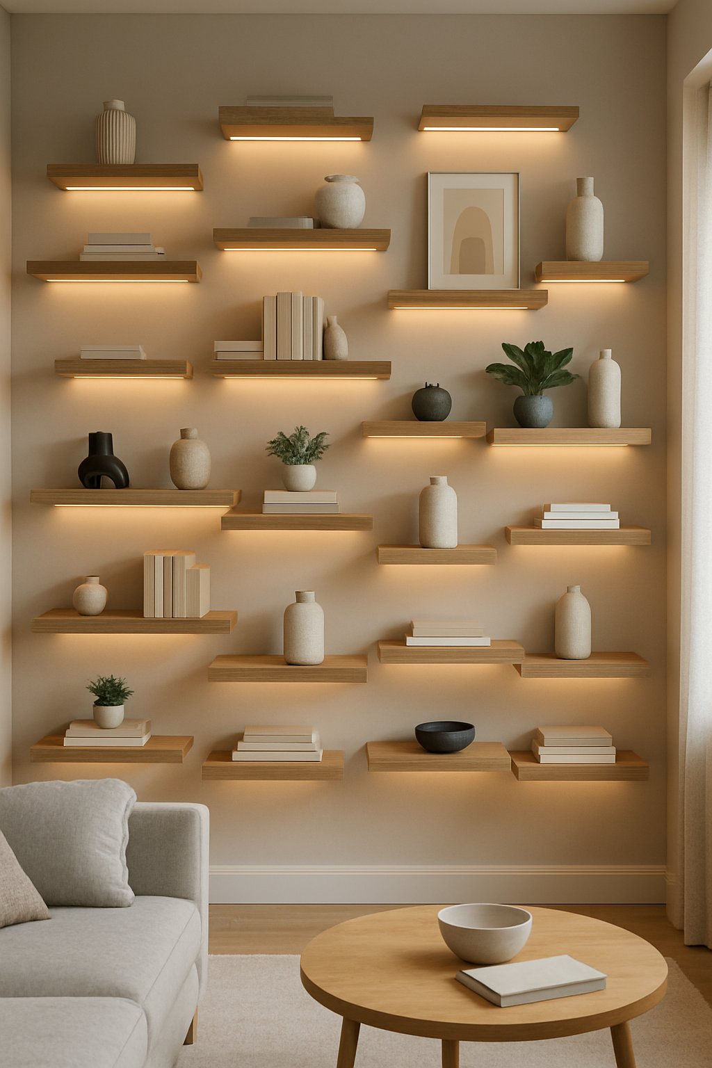 Living room wall with 23 floating wooden shelves featuring integrated LED lighting and various decorative items.