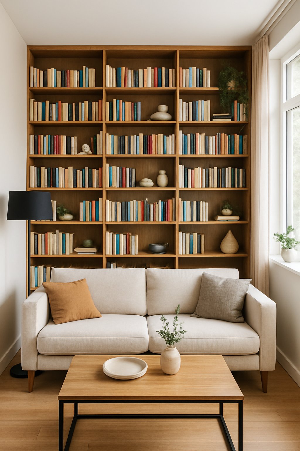 Living room with a floor-to-ceiling bookshelf wall filled with books and decor, a sofa, and a coffee table.