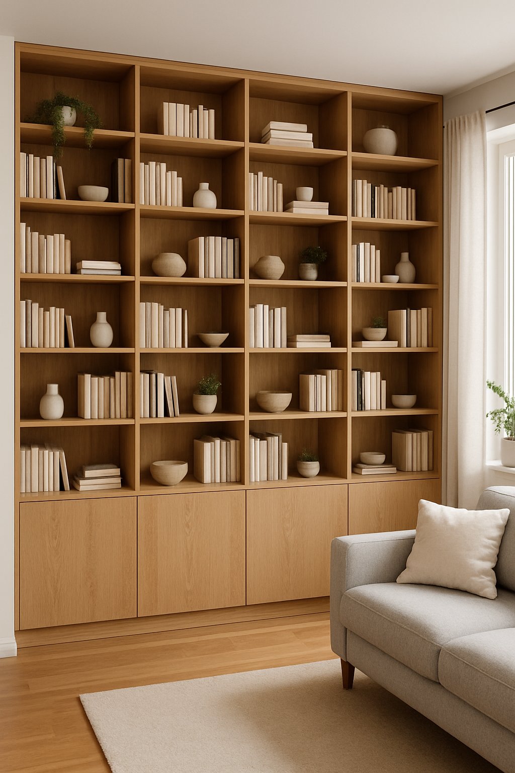 Living room with a large built-in bookshelf featuring 23 shelves and hidden cabinet doors, filled with books and decorations.