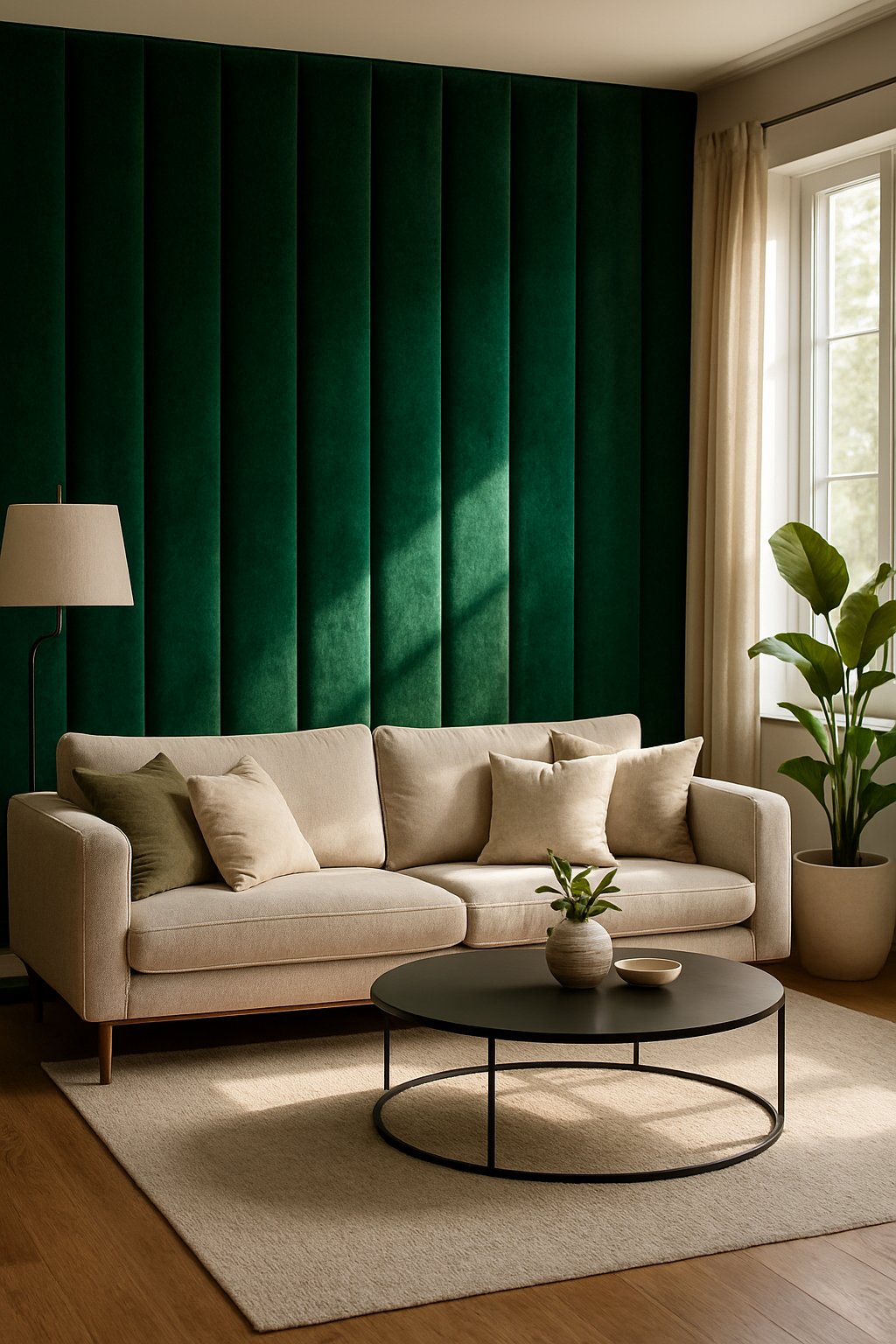 Living room with an emerald green velvet upholstered accent wall, a neutral sofa, coffee table, and plants.