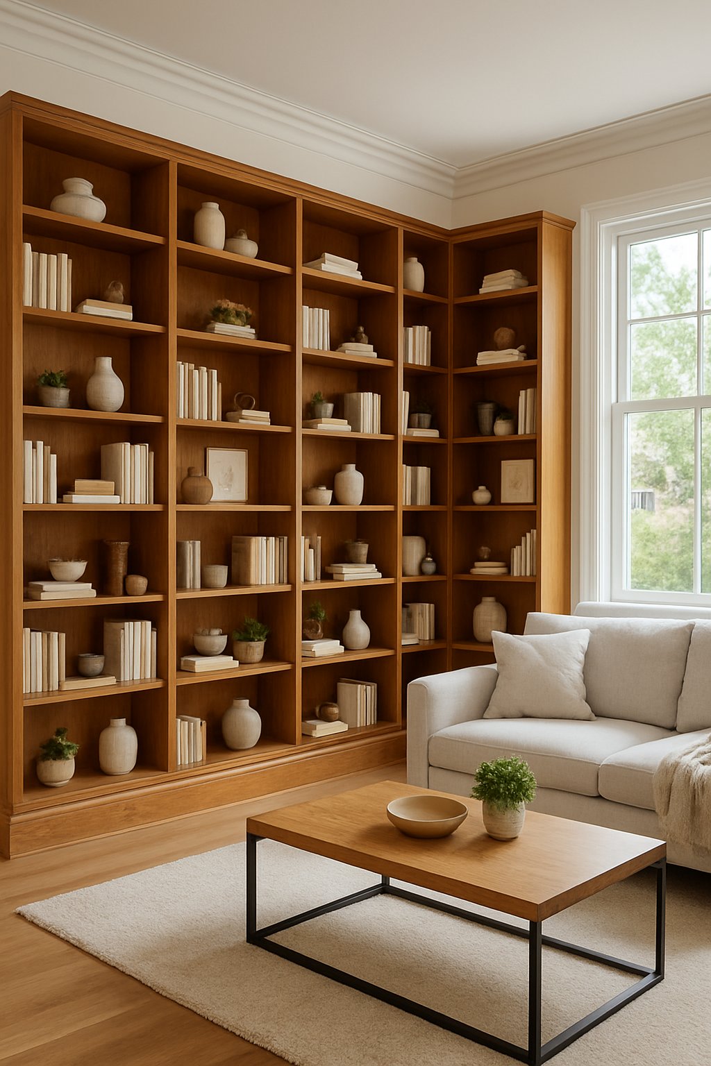 Living room with corner wrap-around built-in shelves filled with books and decorative items.