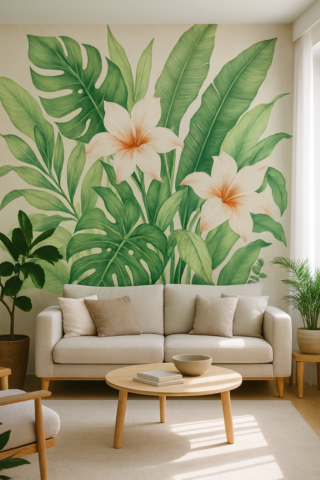 Living room with a large botanical mural on the wall, a sofa, wooden furniture, and indoor plants.