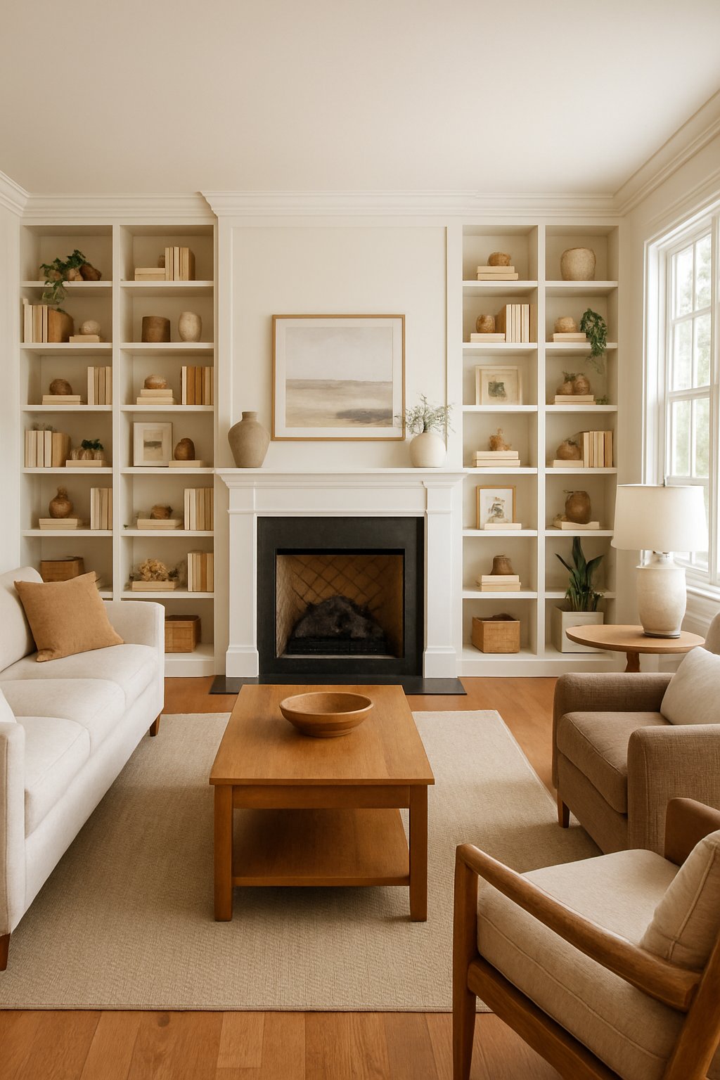 Living room with a fireplace mantel surrounded by 23 built-in shelves filled with books and decorations.