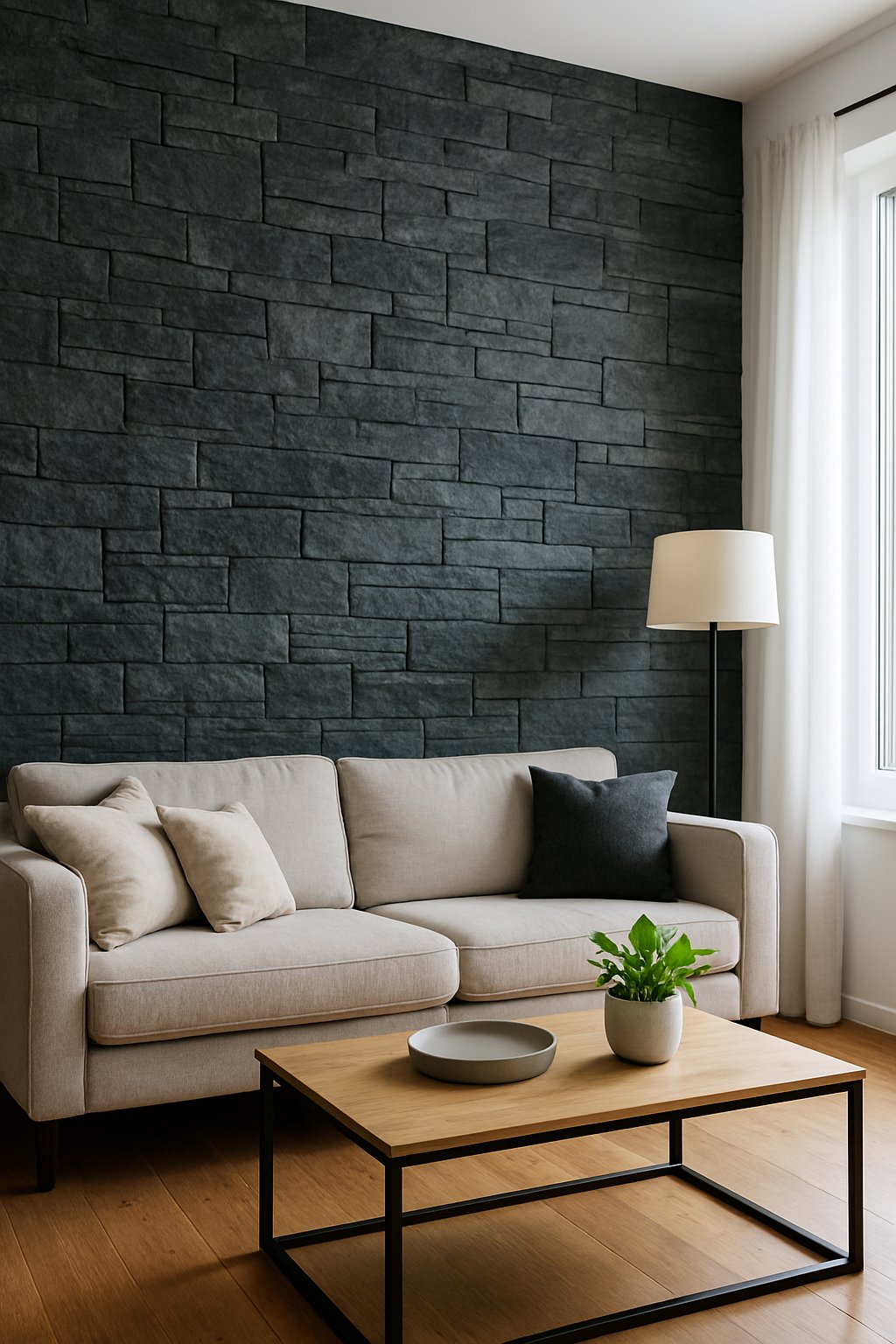 Living room with a slate stone textured accent wall, sofa, coffee table, and natural light from windows.