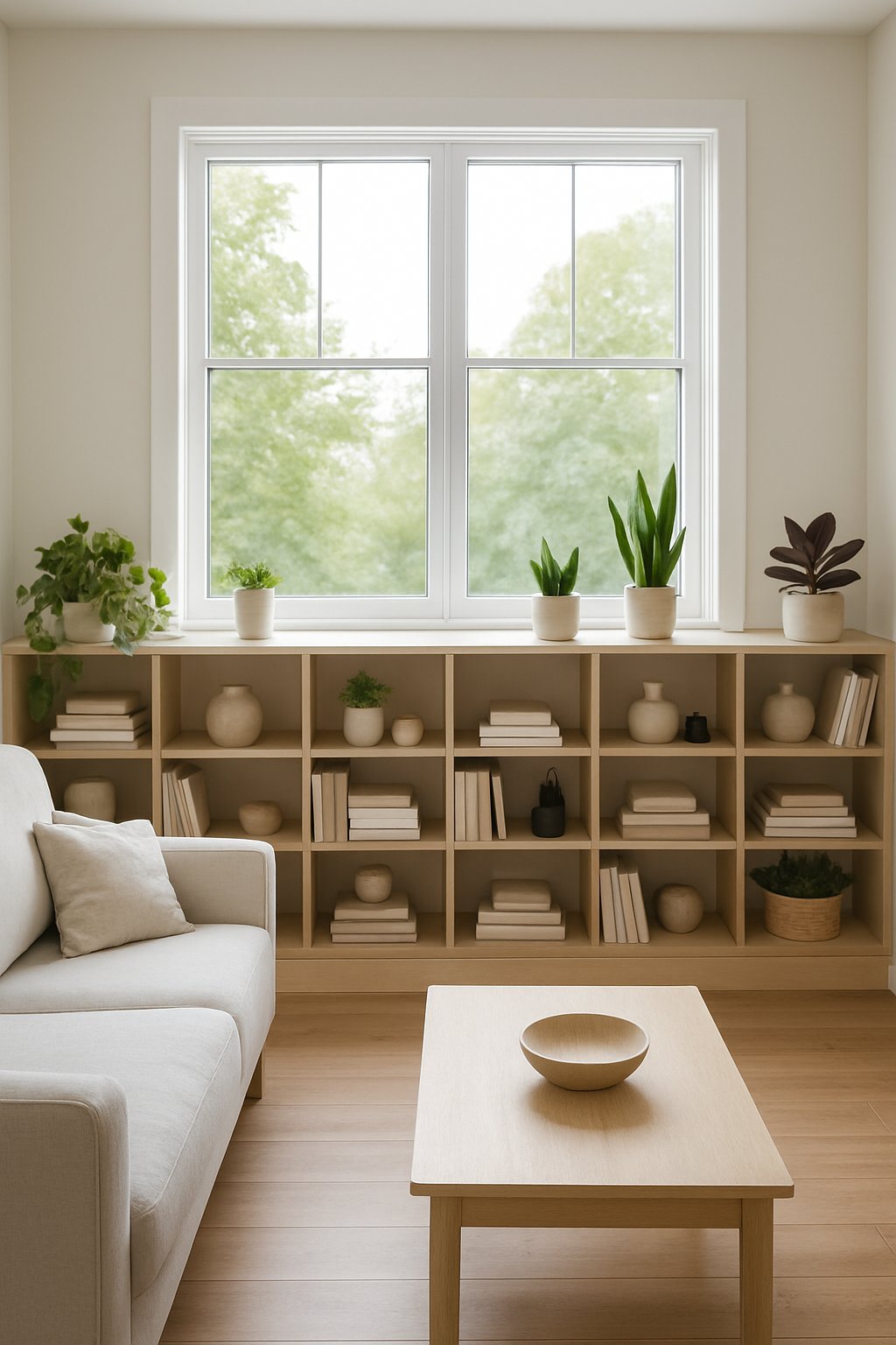 Living room with 23 built-in storage shelves under a large window filled with books and decorative items.